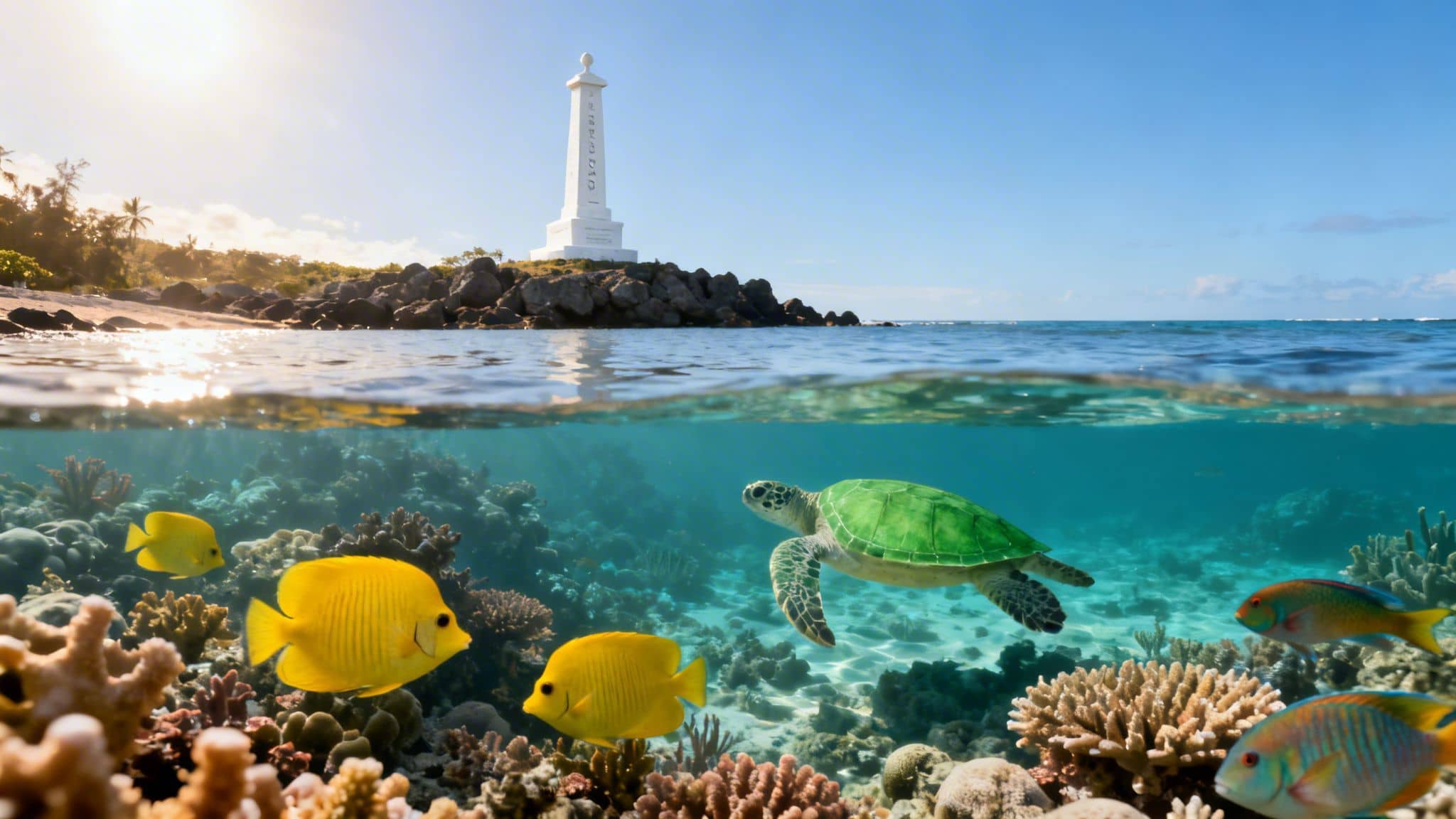 Split view: tropical beach with lighthouse above, and vibrant coral reef with a sea turtle and fish below.