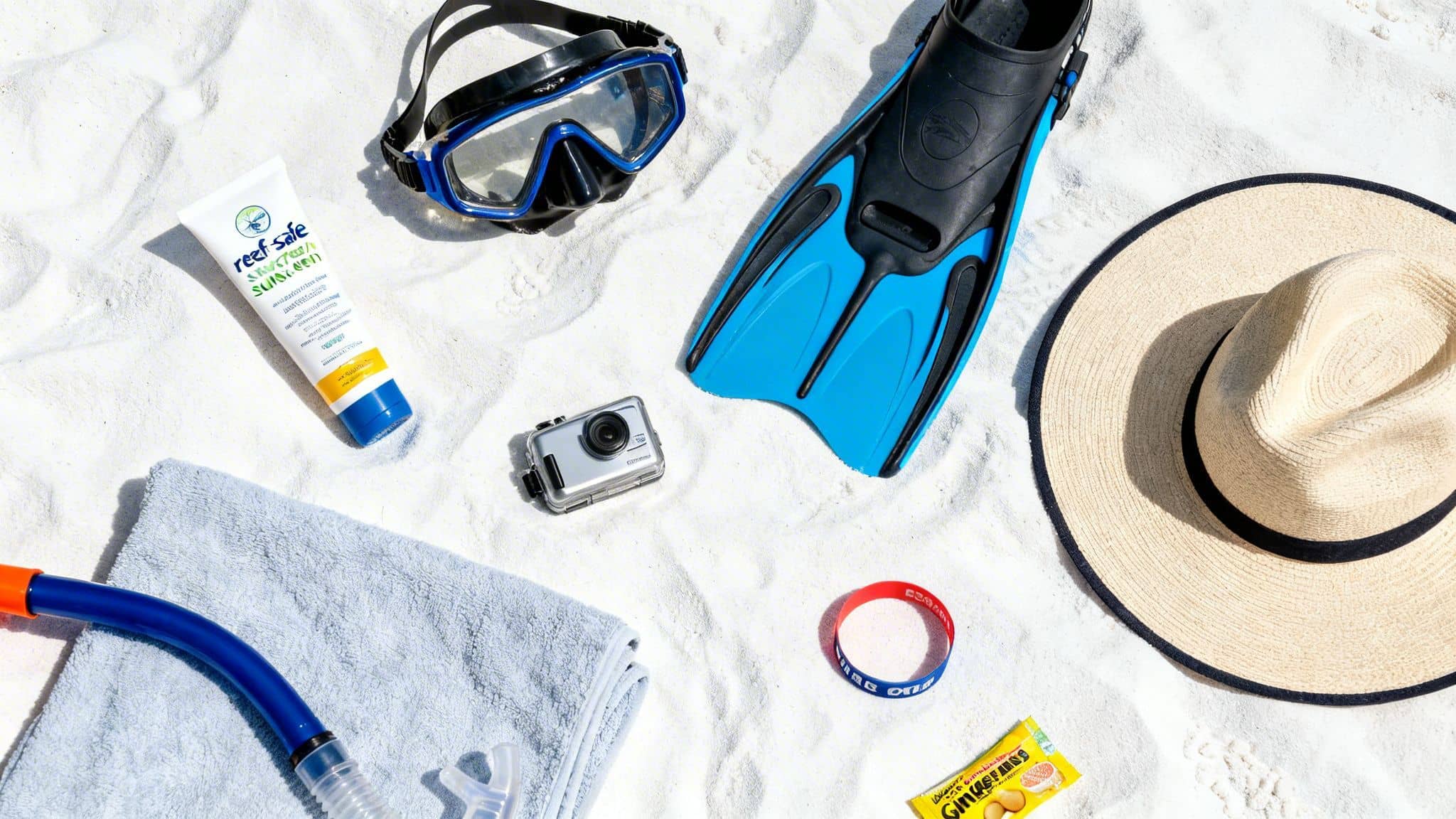 A flat lay of beach vacation essentials: snorkel gear, sunscreen, camera, towel, and hat on white sand.