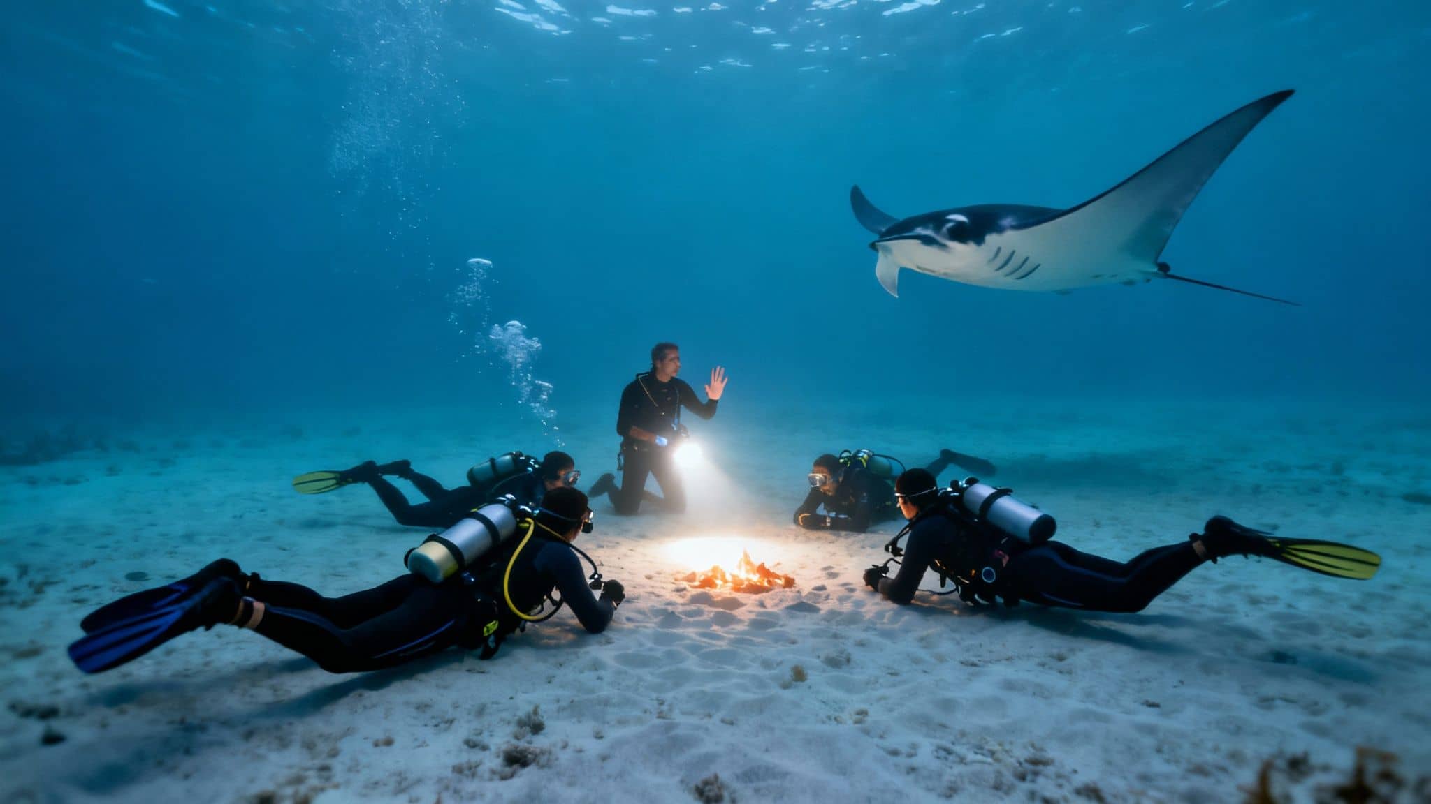 Scuba divers gathered around an artificial light underwater, watching a majestic manta ray swim above.