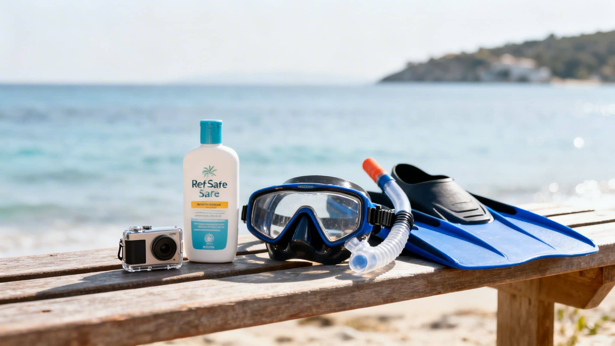 Snorkeling gear, sunscreen, and an underwater camera on a wooden bench by the clear blue sea.