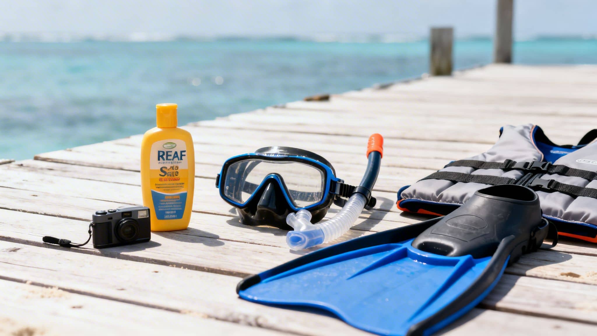Snorkeling gear, sunscreen, and a camera lie on a wooden pier overlooking clear blue water.