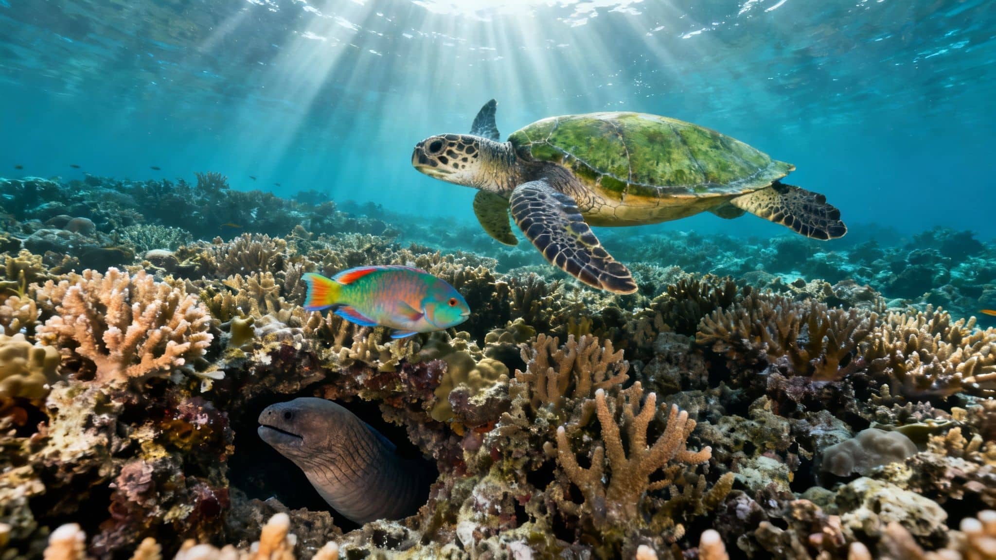 Green sea turtle among coral in Kealakekua Bay