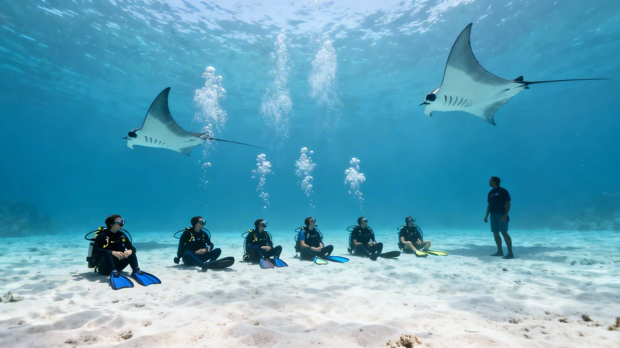 Scuba divers and a guide on the seabed watching two manta rays swim overhead in clear blue water.