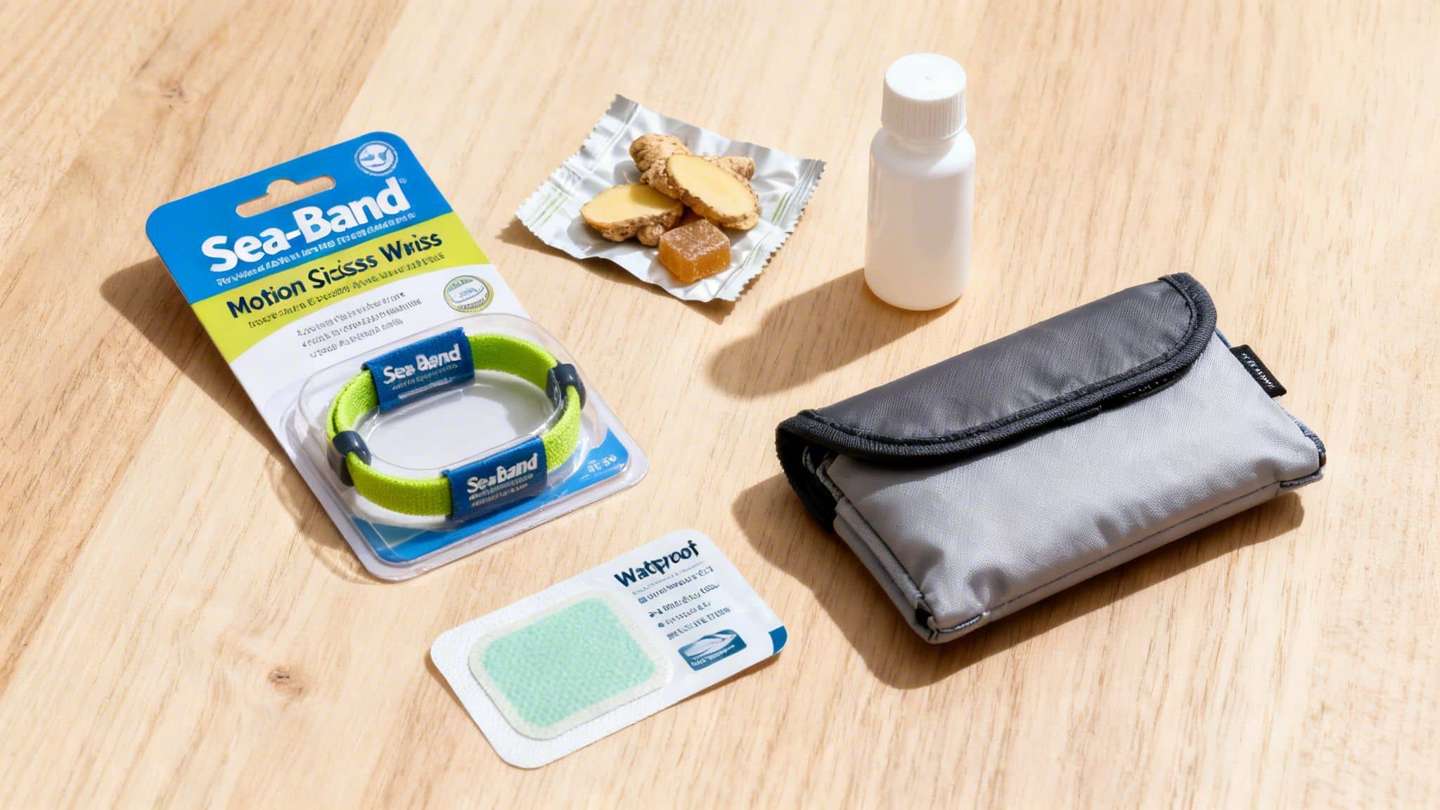 A flat lay displays various motion sickness remedies like Sea-Band wristbands, ginger, and a pouch.