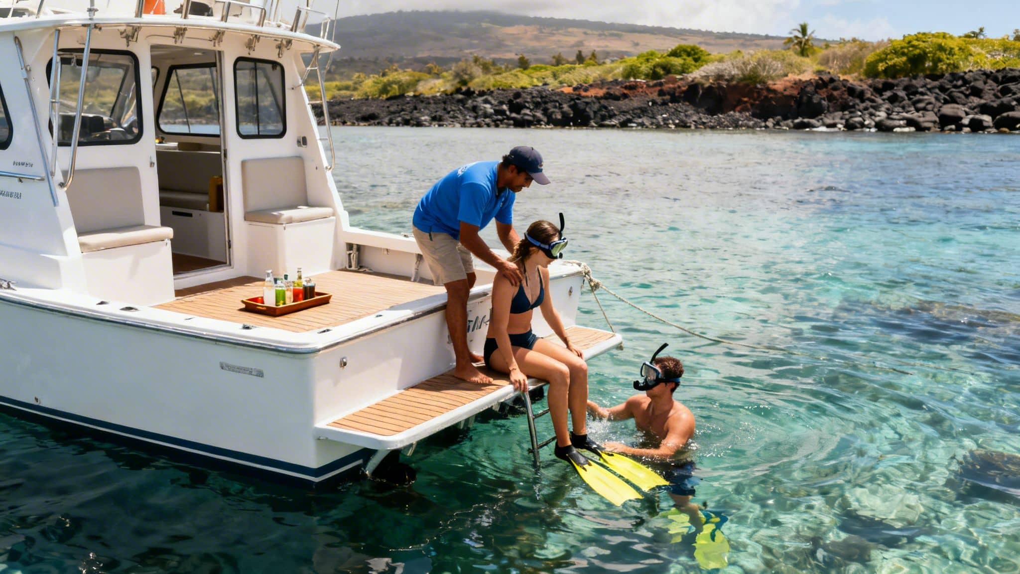 People on a boat preparing for snorkeling in clear blue ocean water with a tropical island backdrop.