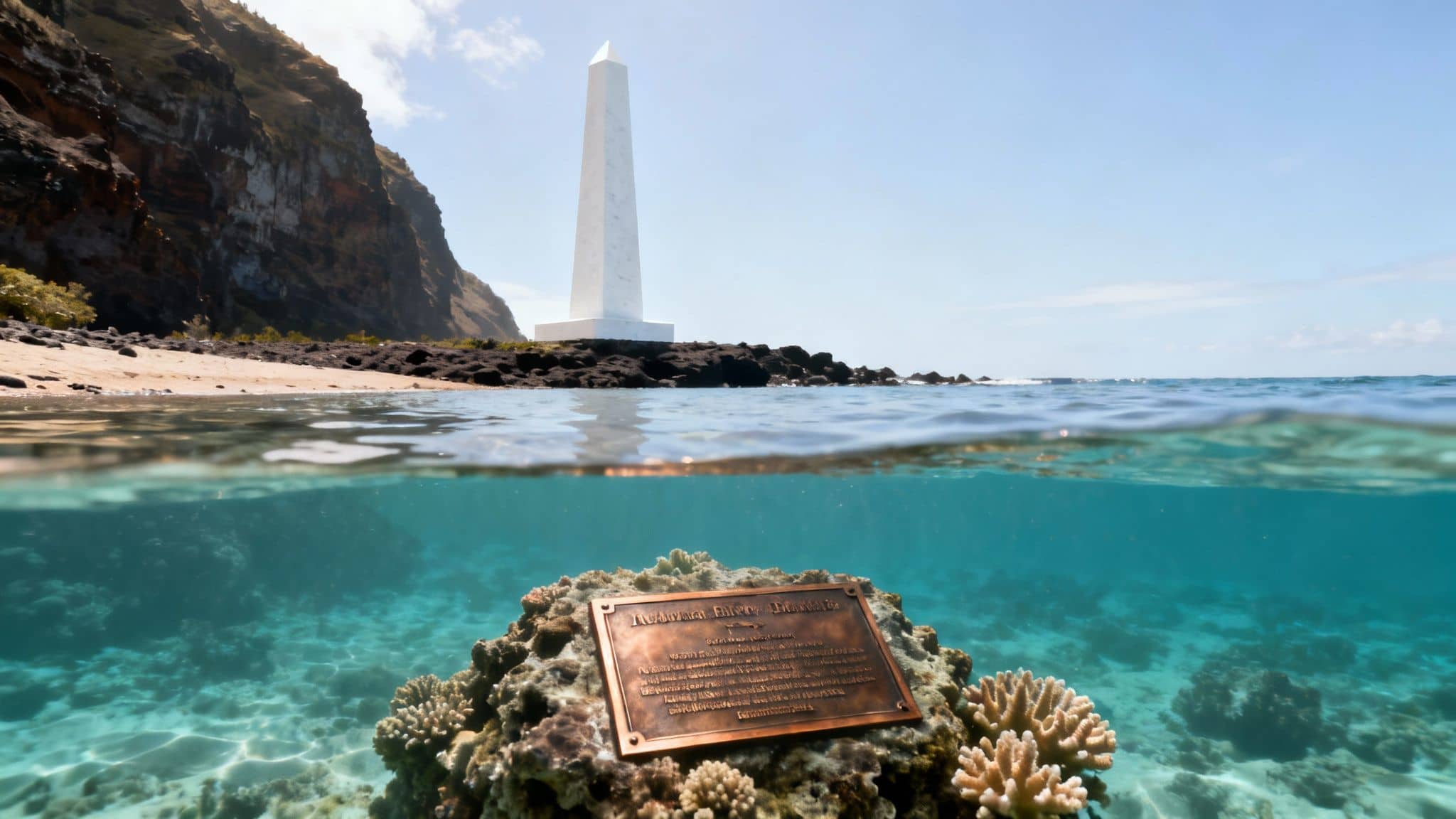 Split-level view of the Captain Cook Monument on a rocky Hawaiian shore, with coral reefs and a bronze plaque underwater.