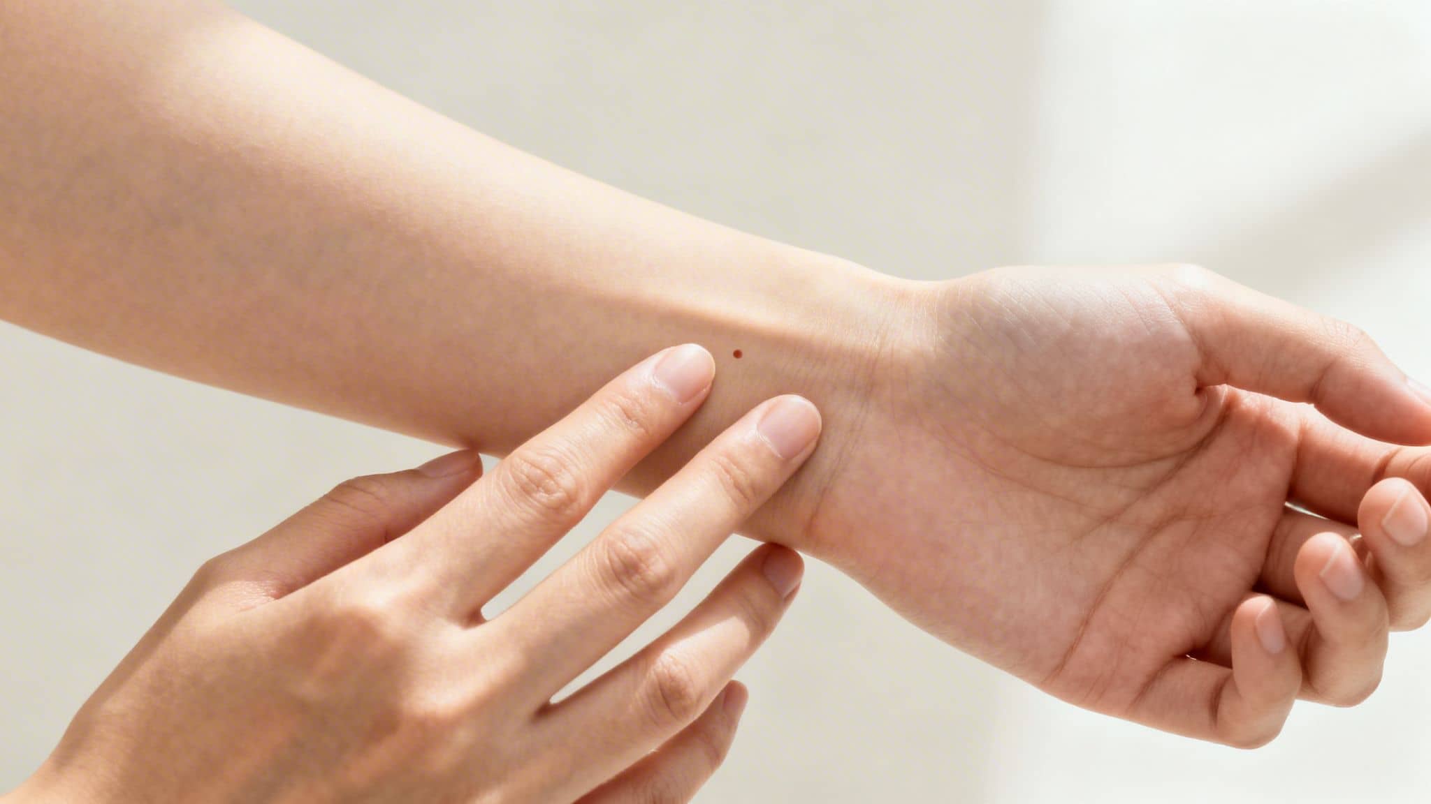 Close-up of a person's arm and hand, gently touching a small red spot on the wrist.