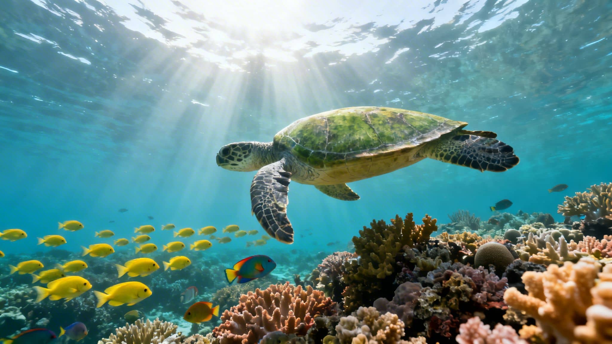 A majestic green sea turtle swims gracefully above a vibrant coral reef, illuminated by sun rays.
