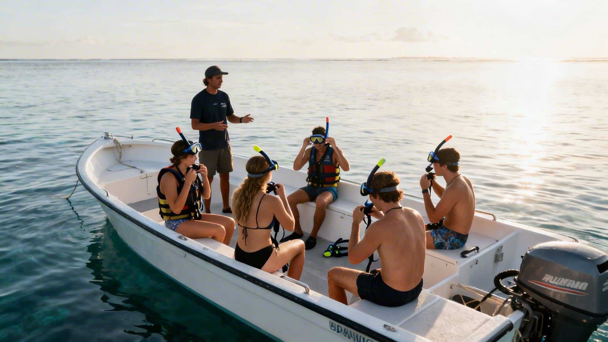 A group of people on a boat with snorkeling gear listening to an instructor before a tour.
