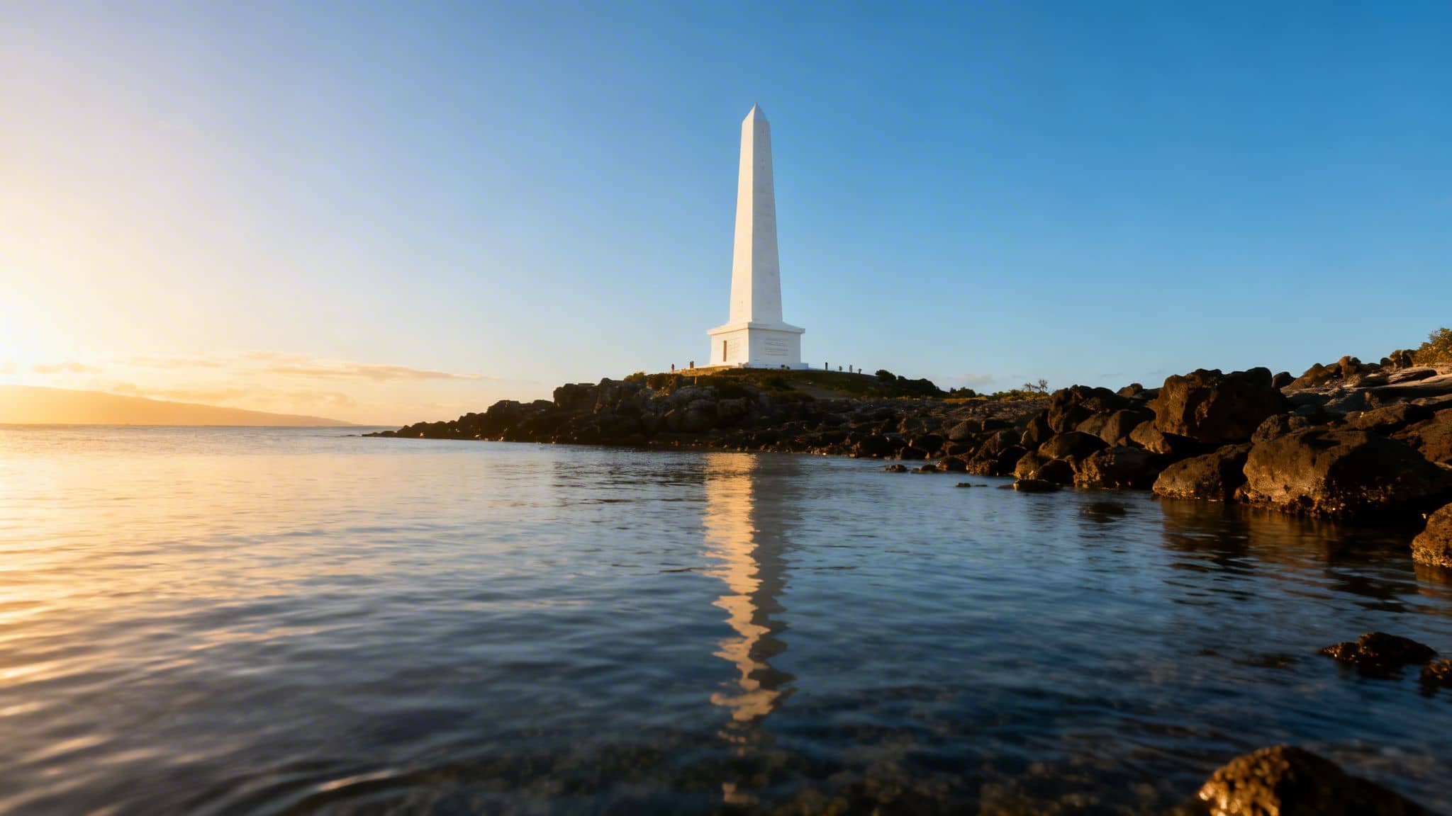 A tall white obelisk stands on a rocky island, dramatically reflected in the calm ocean water at sunrise.