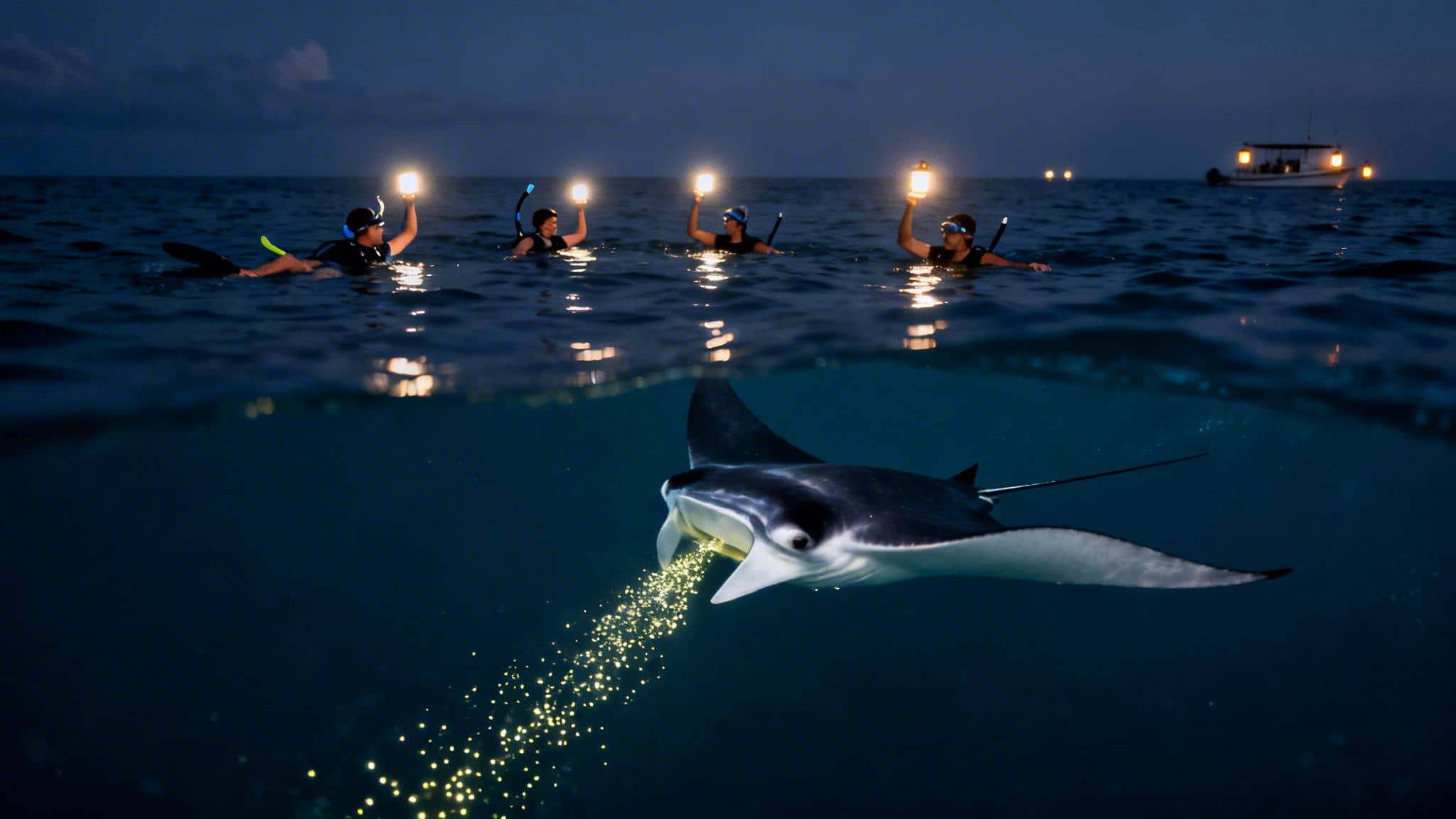 People snorkeling at night with lanterns observe a majestic manta ray feeding on glowing plankton underwater.