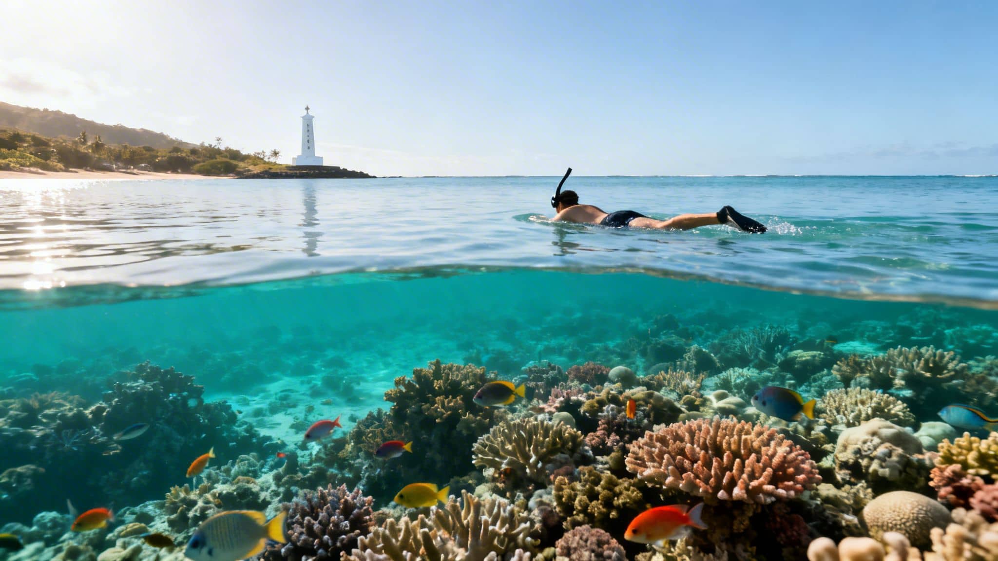 A person snorkeling over a colorful coral reef with fish and a lighthouse on a sunny tropical beach.
