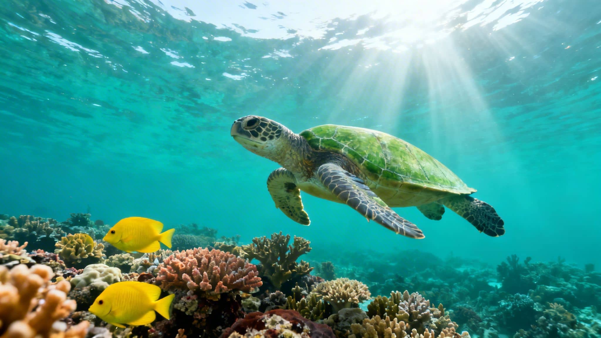 A green sea turtle gracefully swims above a vibrant coral reef, with two yellow fish and sunlight rays filtering through the clear blue water.