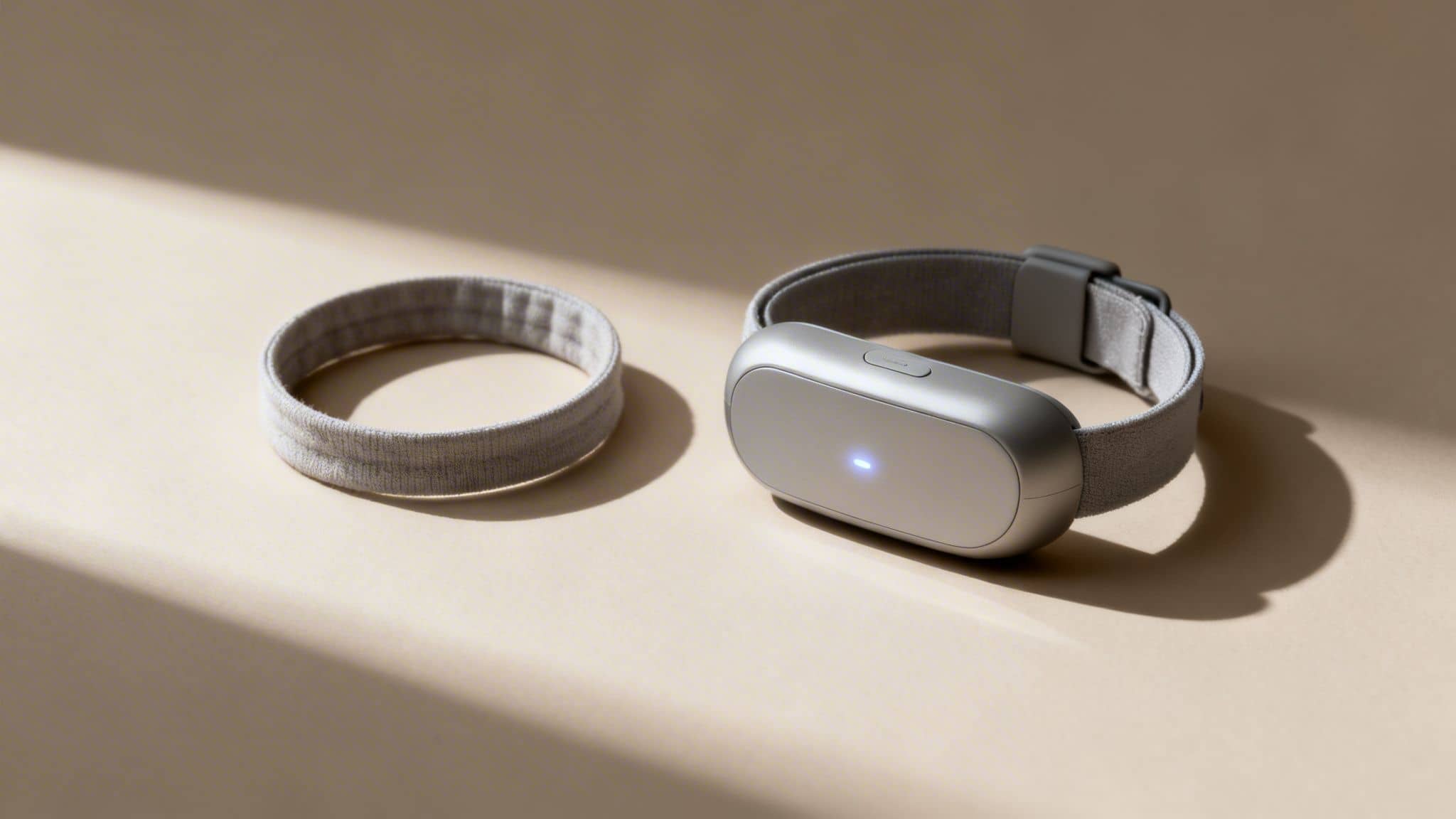 A silver anti-sea sickness bracelet with a glowing blue light, next to a plain gray fabric band.