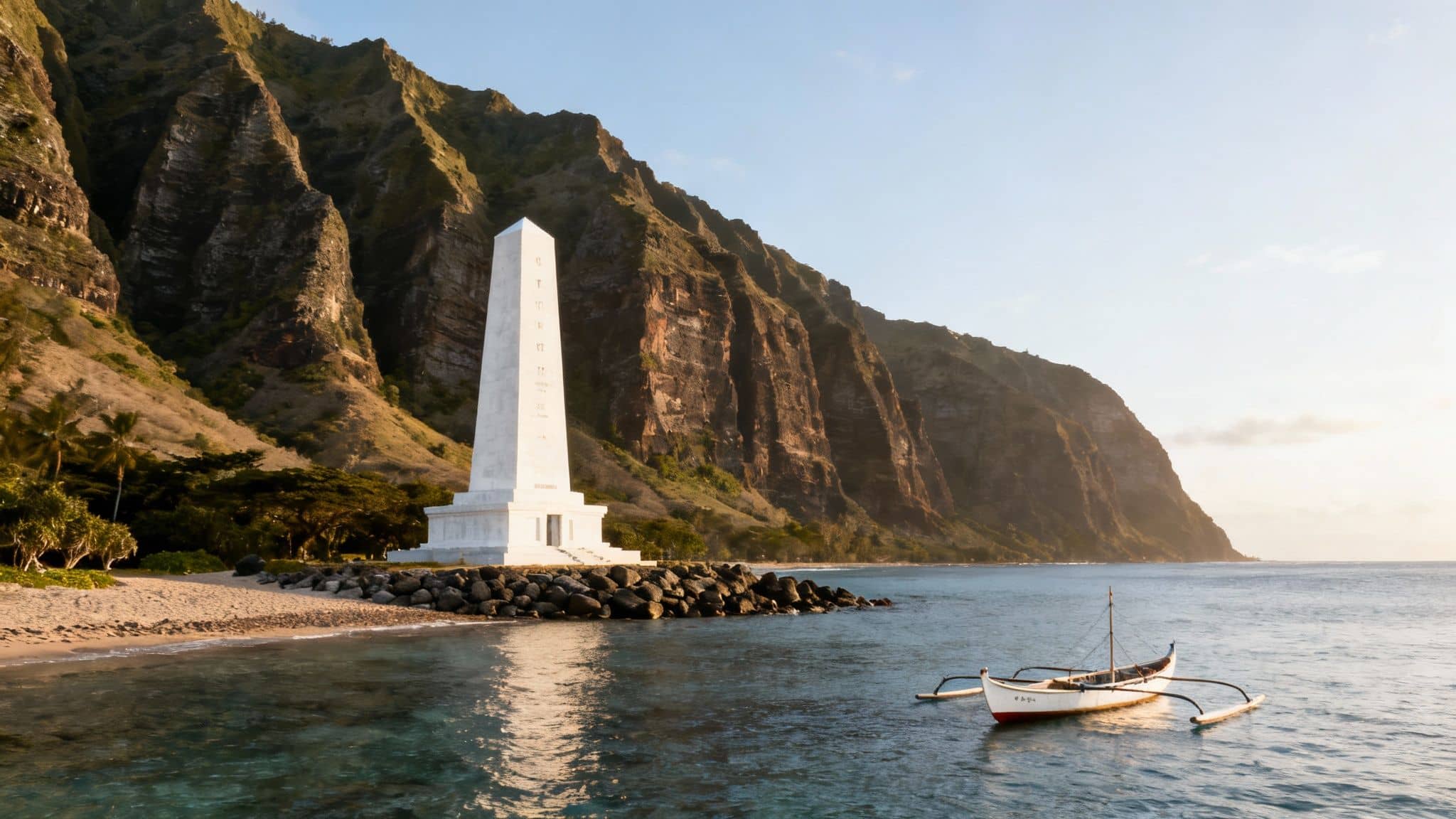 A picturesque Hawaiian coastline featuring a white monument, towering cliffs, and an outrigger canoe at dawn.