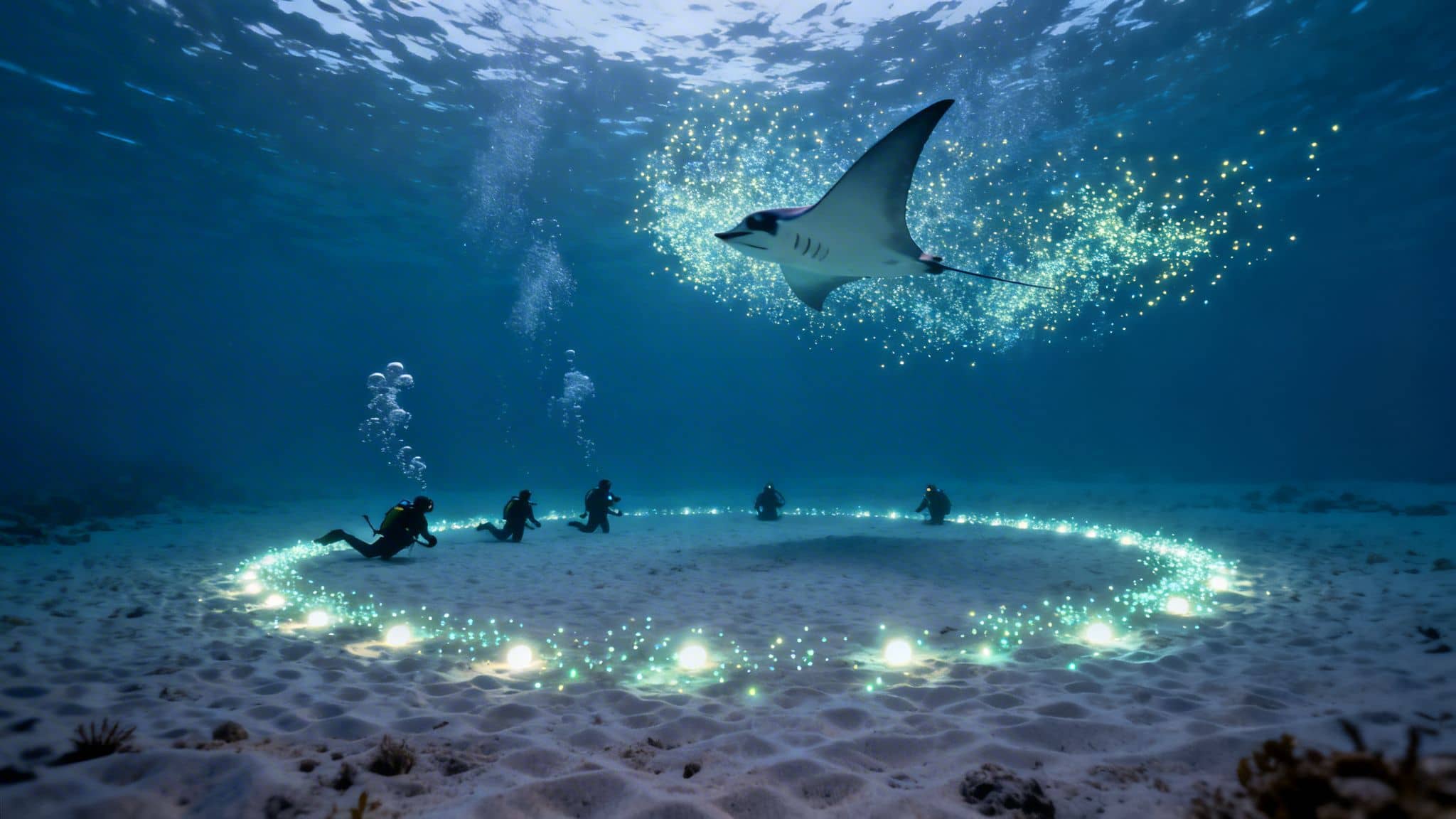 Divers observe a majestic manta ray surrounded by glowing particles in a magical underwater scene.