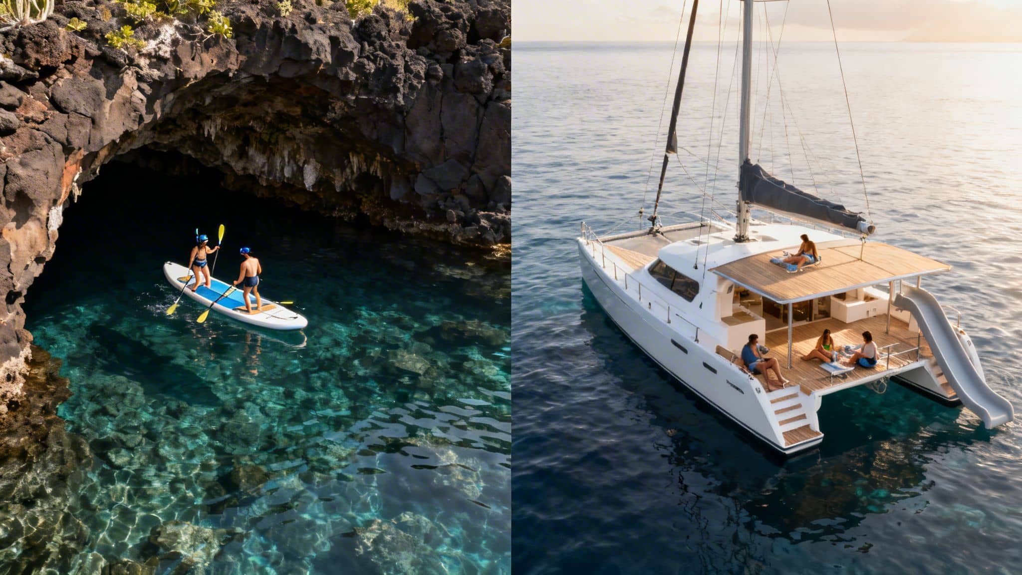 A split image shows two people paddleboarding into a cave and several people relaxing on a catamaran with a water slide.