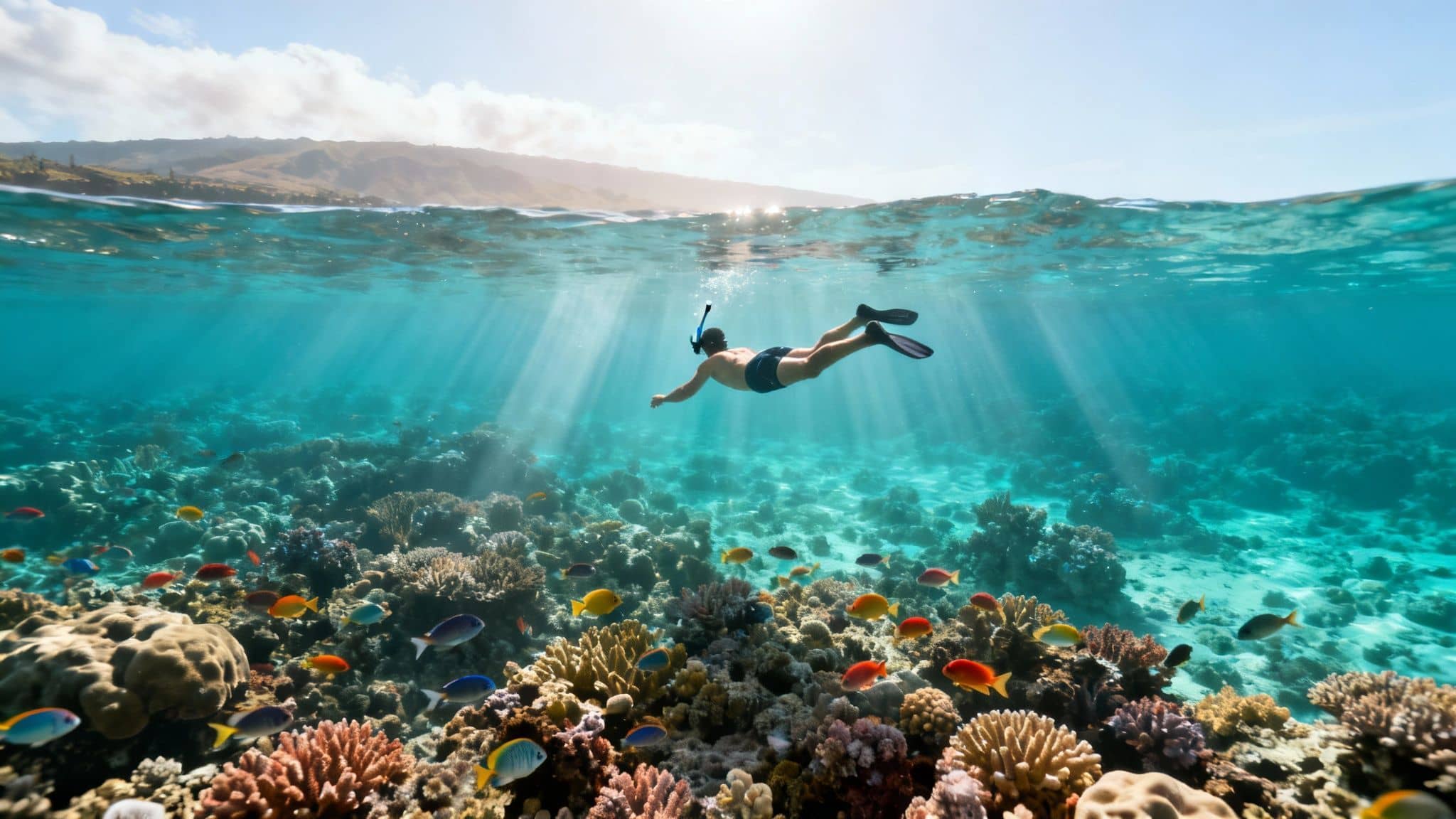A person snorkeling above a vibrant coral reef filled with colorful fish and sunlight.