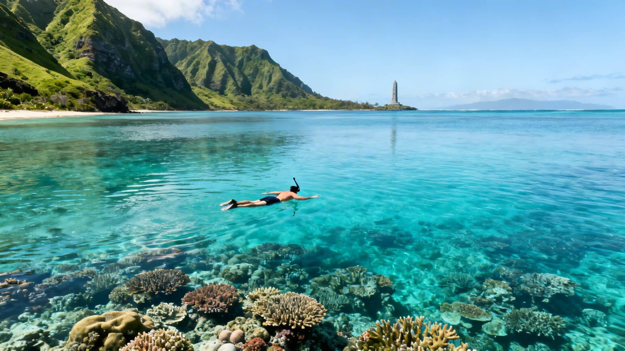 Person snorkeling over a colorful coral reef in clear blue tropical water with green mountains.