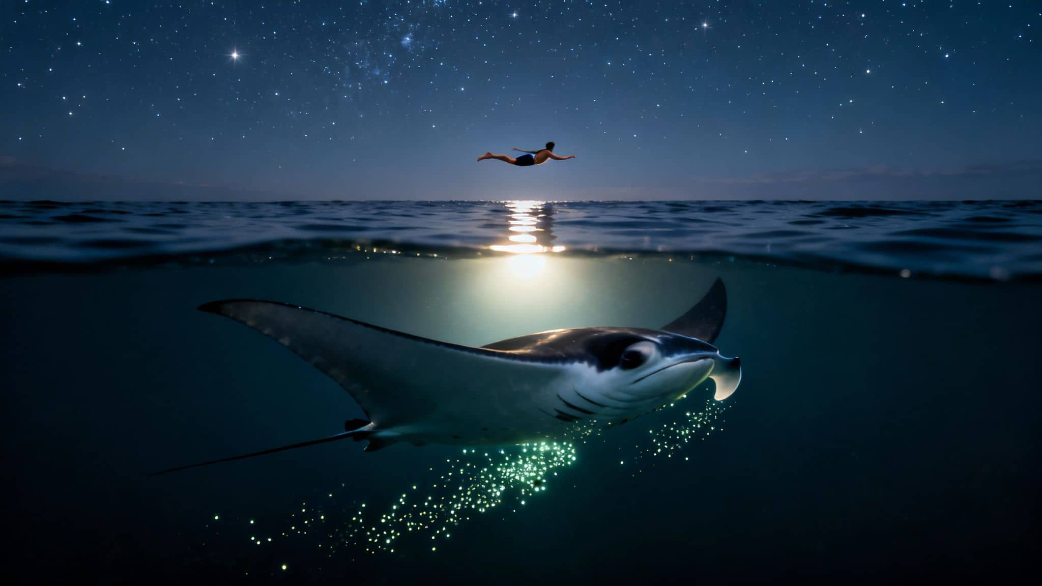 A person floats under a starry night sky above a glowing manta ray swimming with bioluminescence.