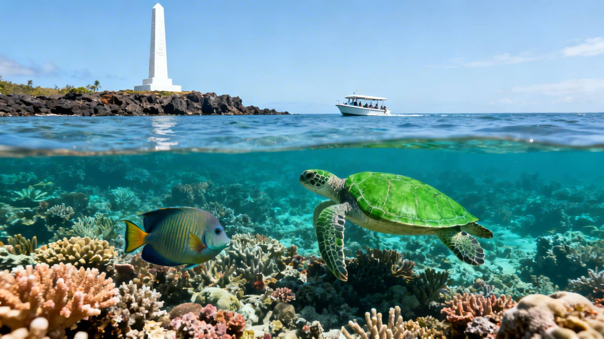 Split view of a vibrant coral reef, green sea turtle, and tropical fish underwater with an island obelisk and boat above.