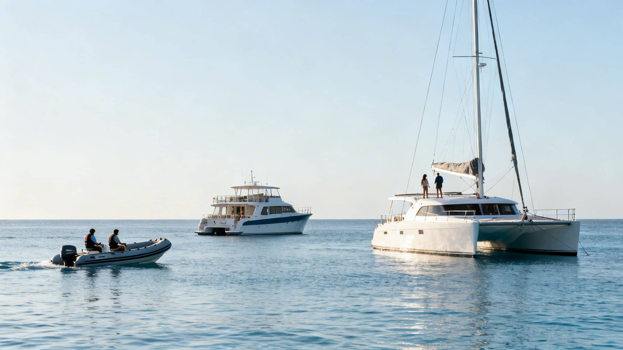 Three boats on calm ocean water: an inflatable dinghy, a large yacht, and a catamaran with people on deck.