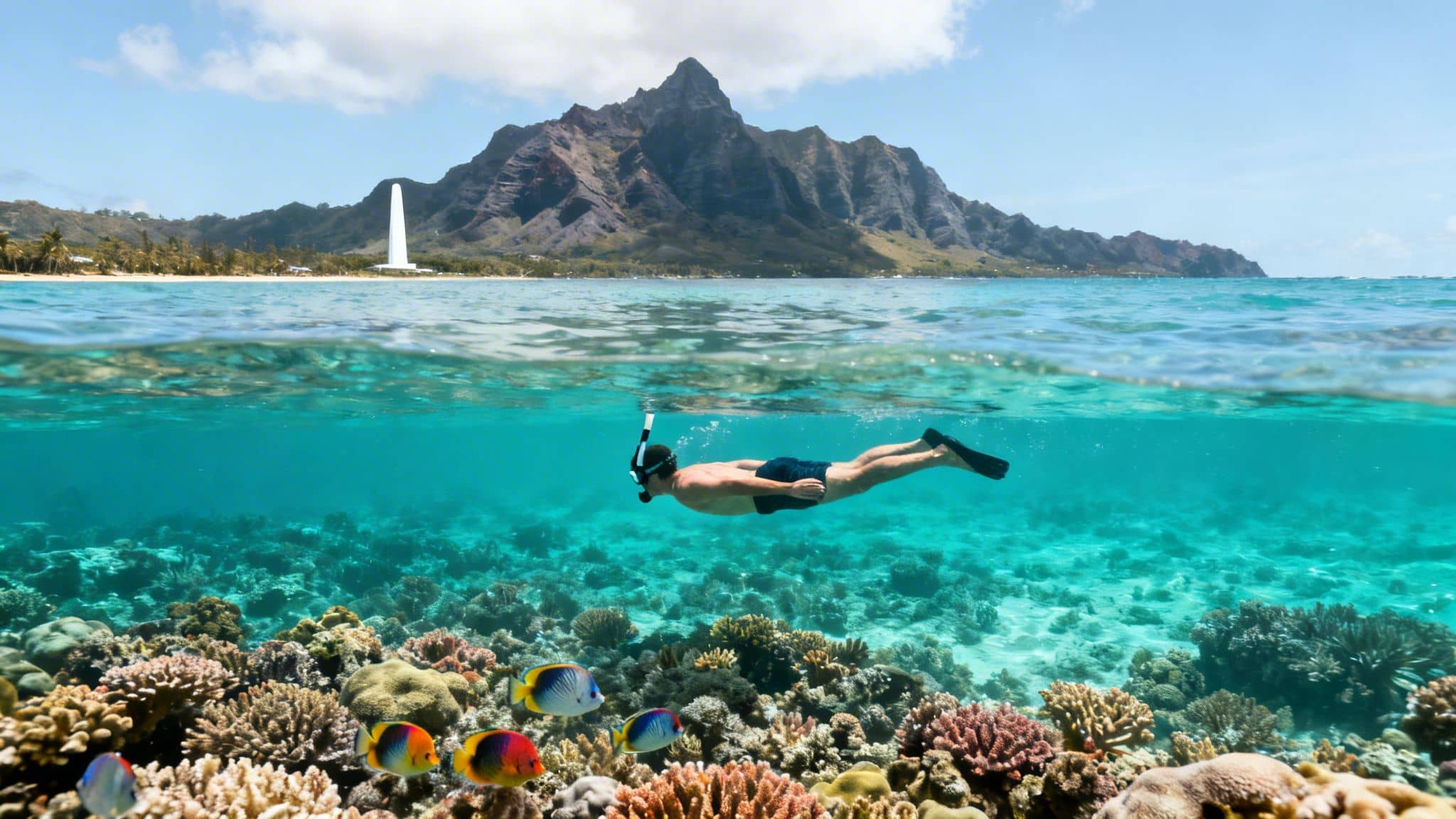 A person snorkeling over a colorful coral reef with tropical fish, with an island and mountains above.