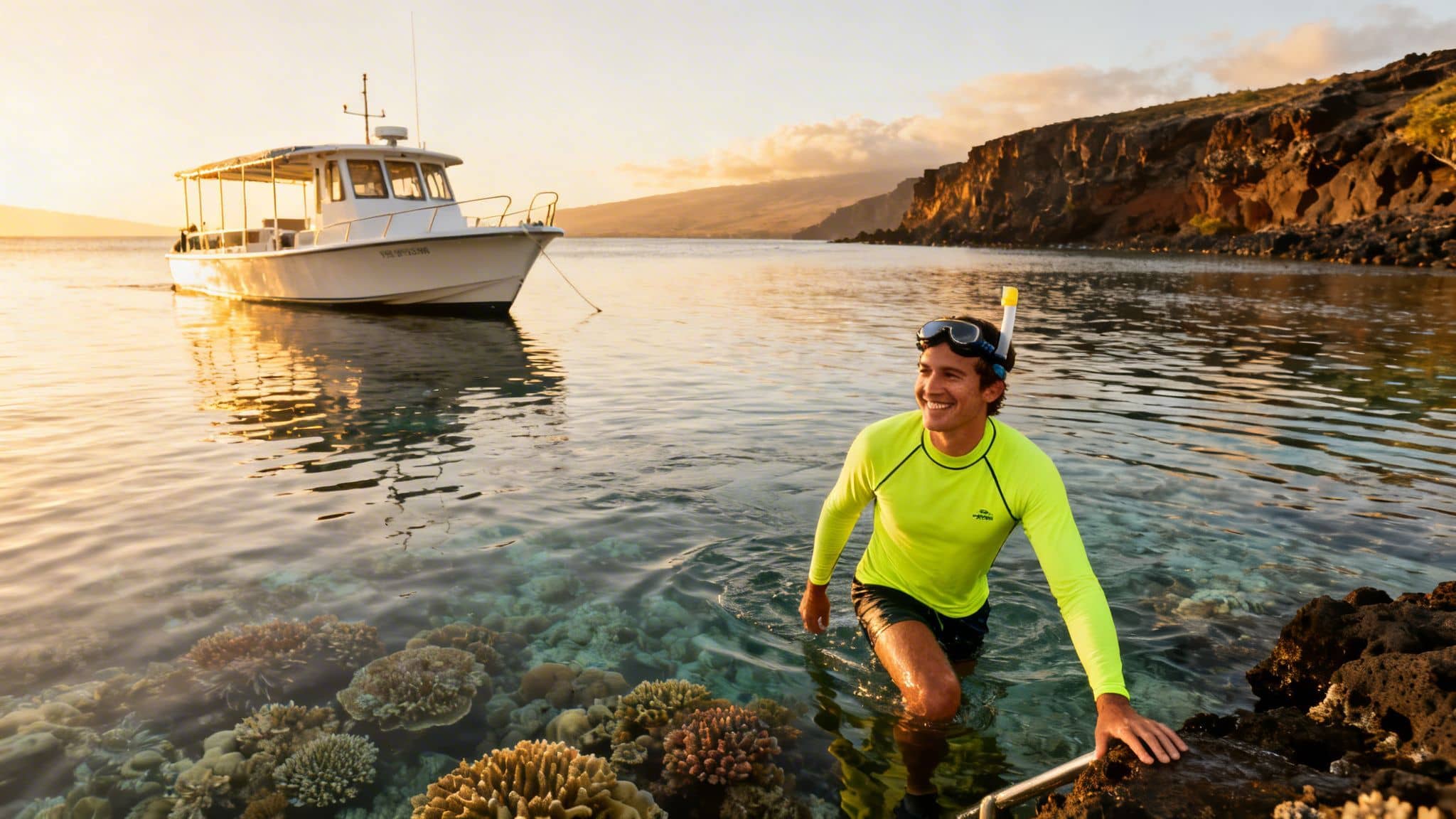 Smiling man in snorkel gear exiting clear ocean water with coral reefs, boat, and coastline at sunset.