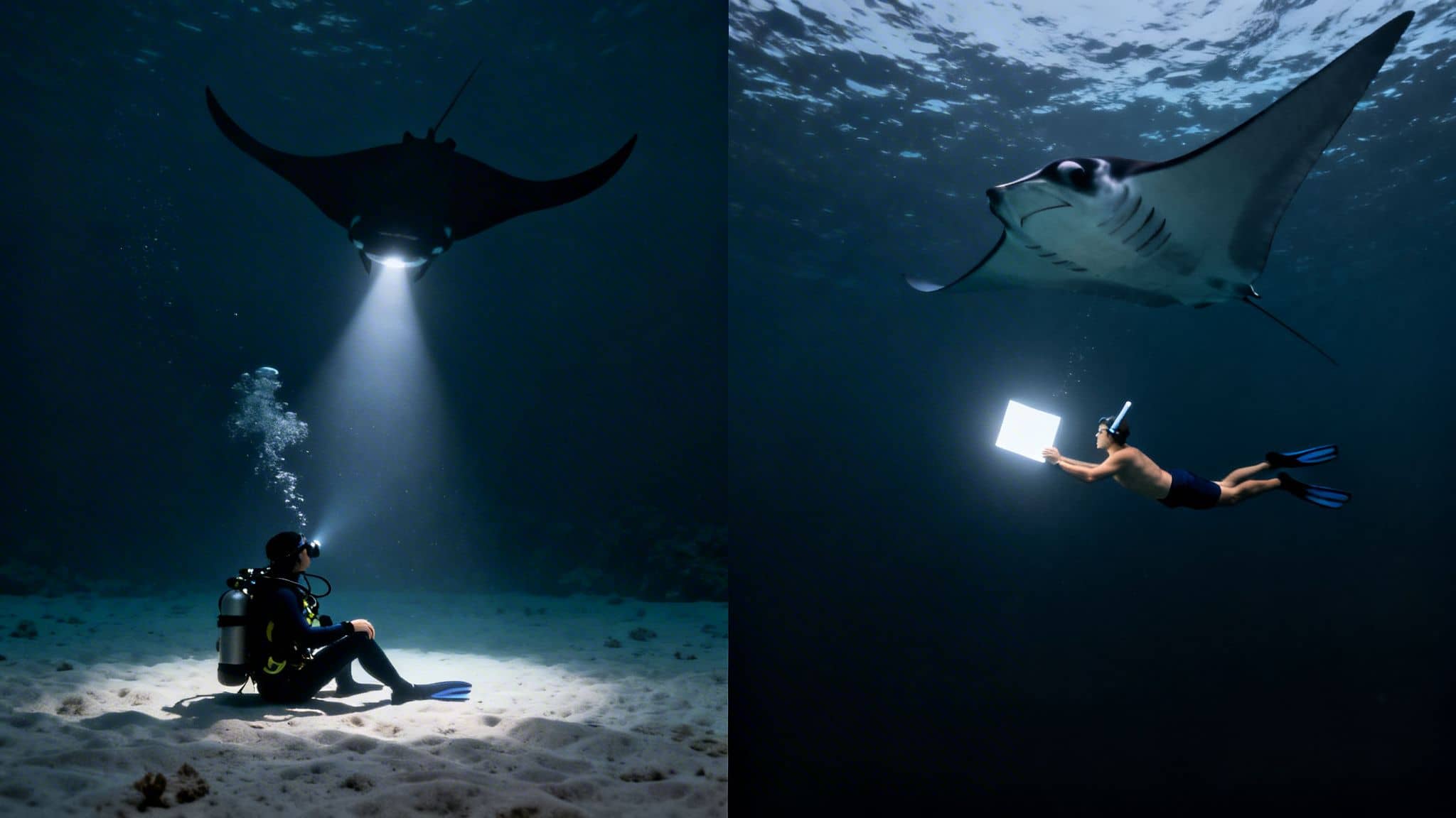 Two underwater scenes featuring divers interacting with majestic manta rays, illuminated by artificial lights.