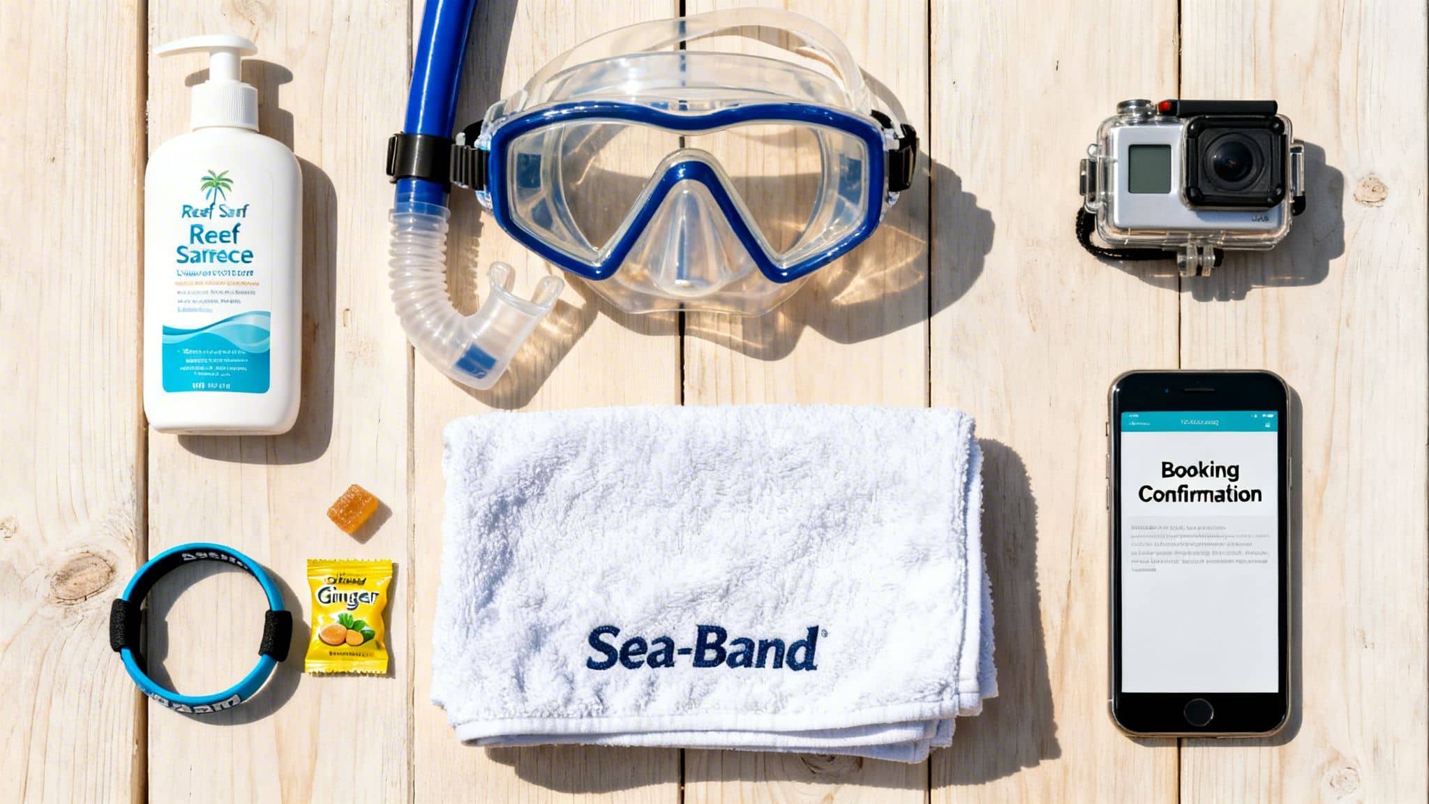 A flat lay of snorkeling and beach essentials, including a mask, GoPro, sunscreen, Sea-Band items, and a phone with a booking confirmation.
