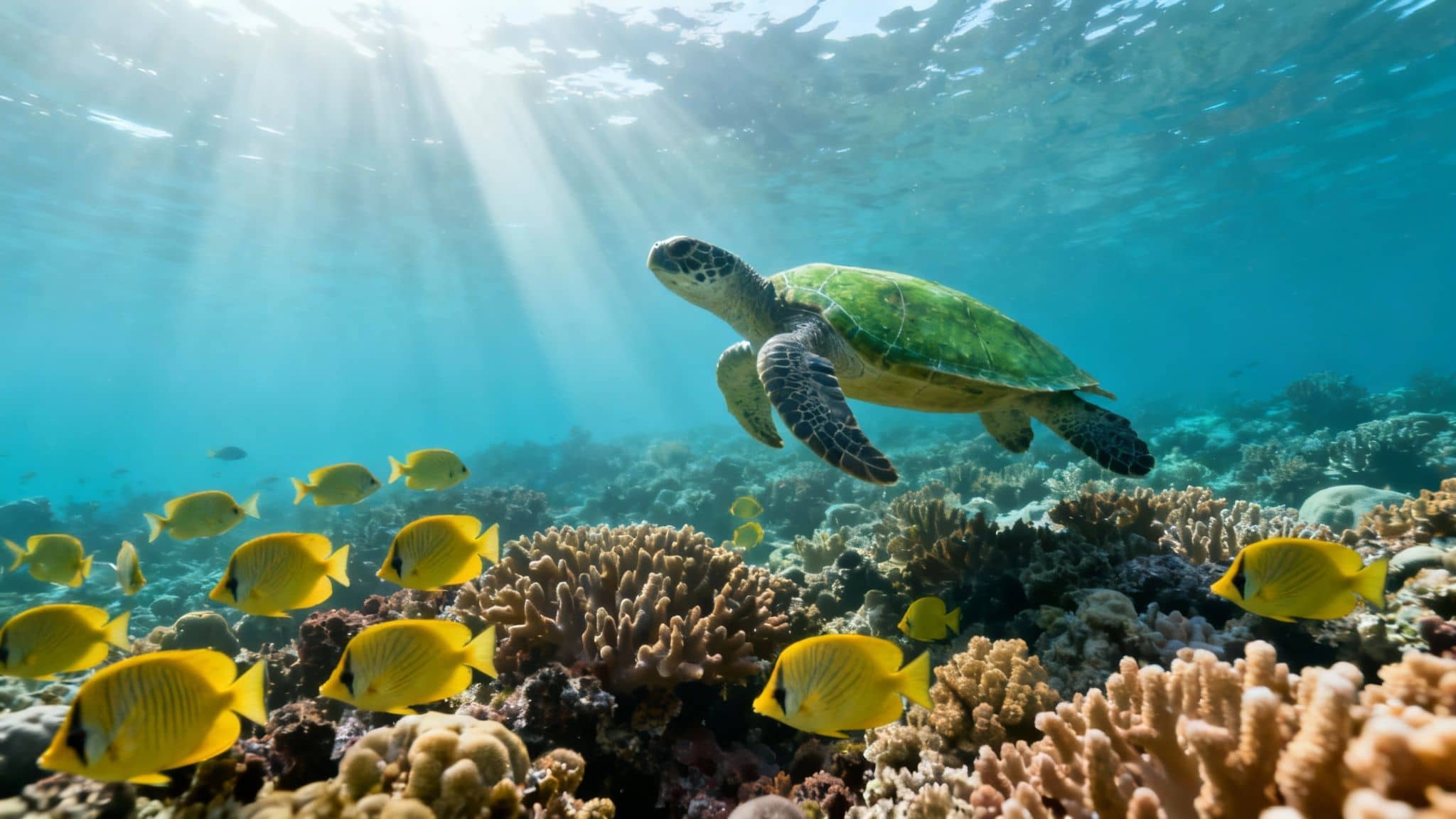 Snorkeler observing a vibrant school of yellow tang fish over a coral reef
