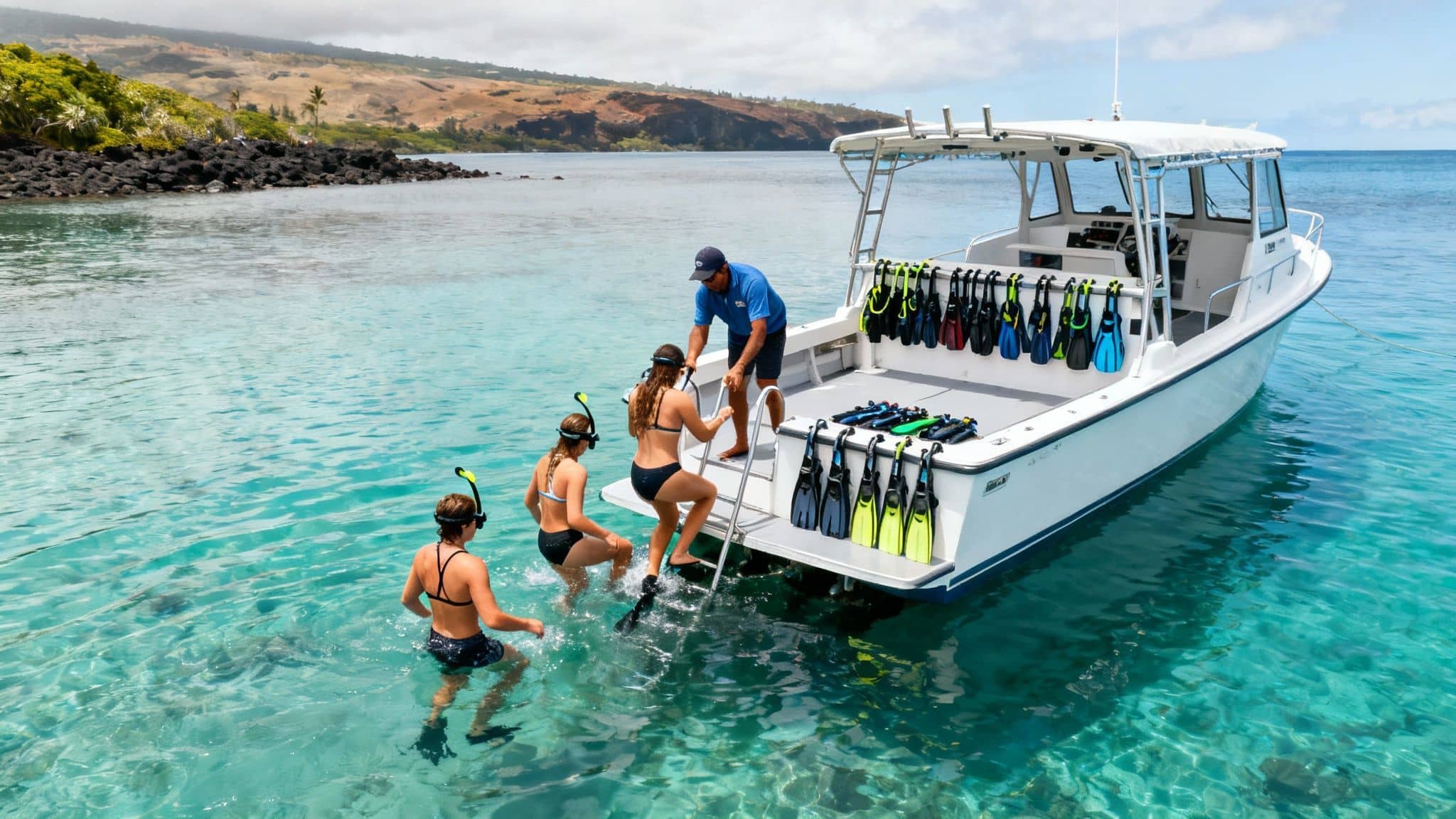 Three snorkelers getting onto a white boat from clear turquoise water, assisted by a crew member.