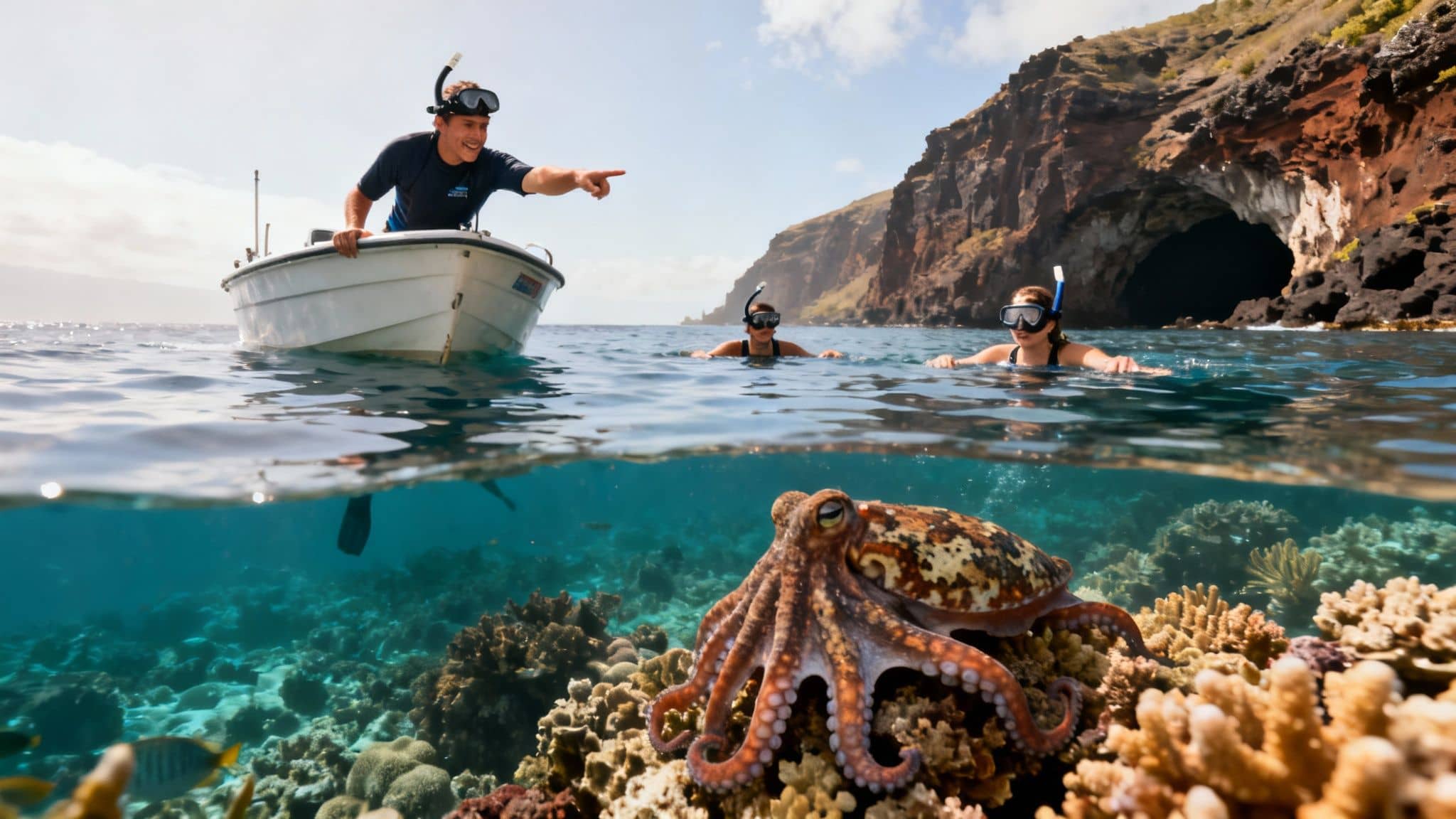 Snorkelers in boat and water, exploring an octopus on a vibrant coral reef with cliffs.