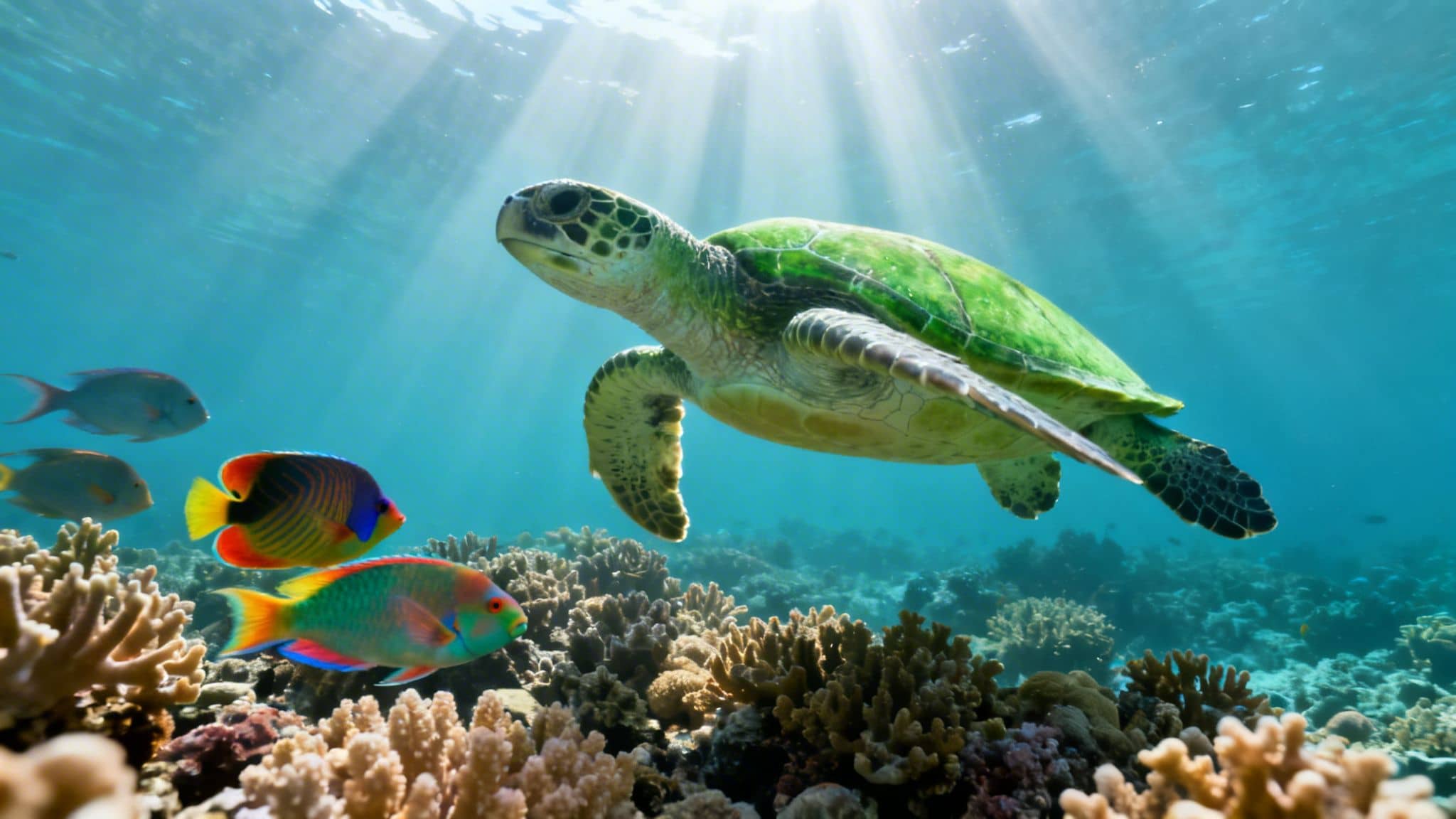 A vibrant green sea turtle swims gracefully over a colorful coral reef with tropical fish in sunlit blue water.