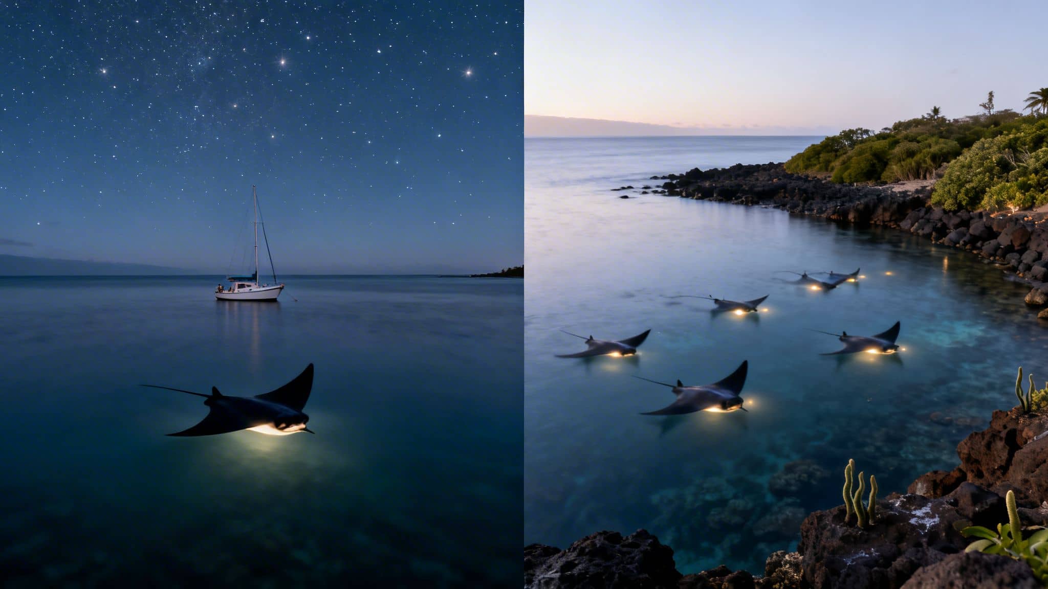 Manta rays glow under starry night and dusk skies in Hawaii, one near a sailboat.