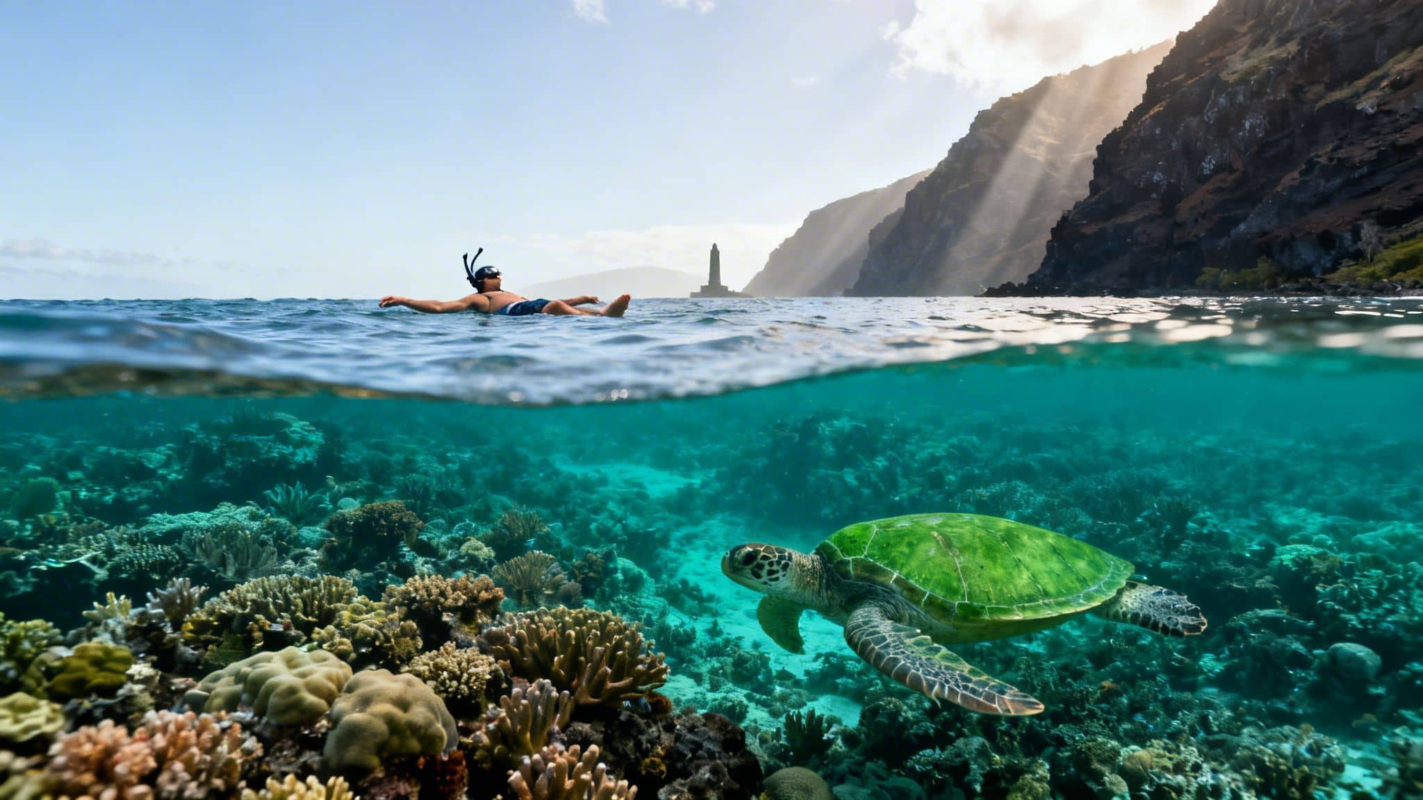 A split shot showing a snorkeler floating above a vibrant coral reef with a sea turtle.