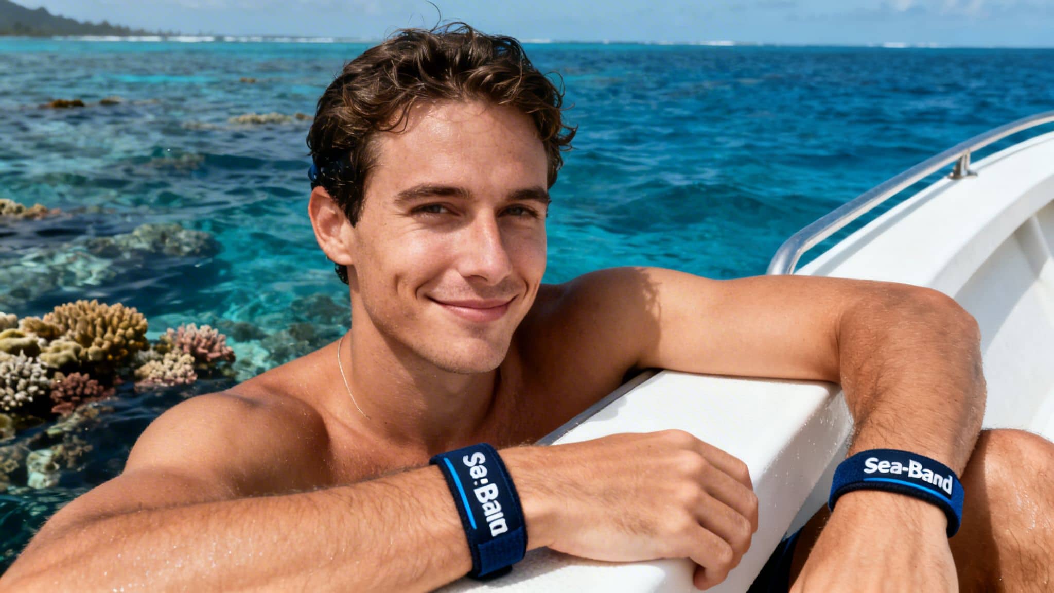 Smiling man in clear blue ocean water, wearing Sea-Band wristbands and leaning on a white boat.