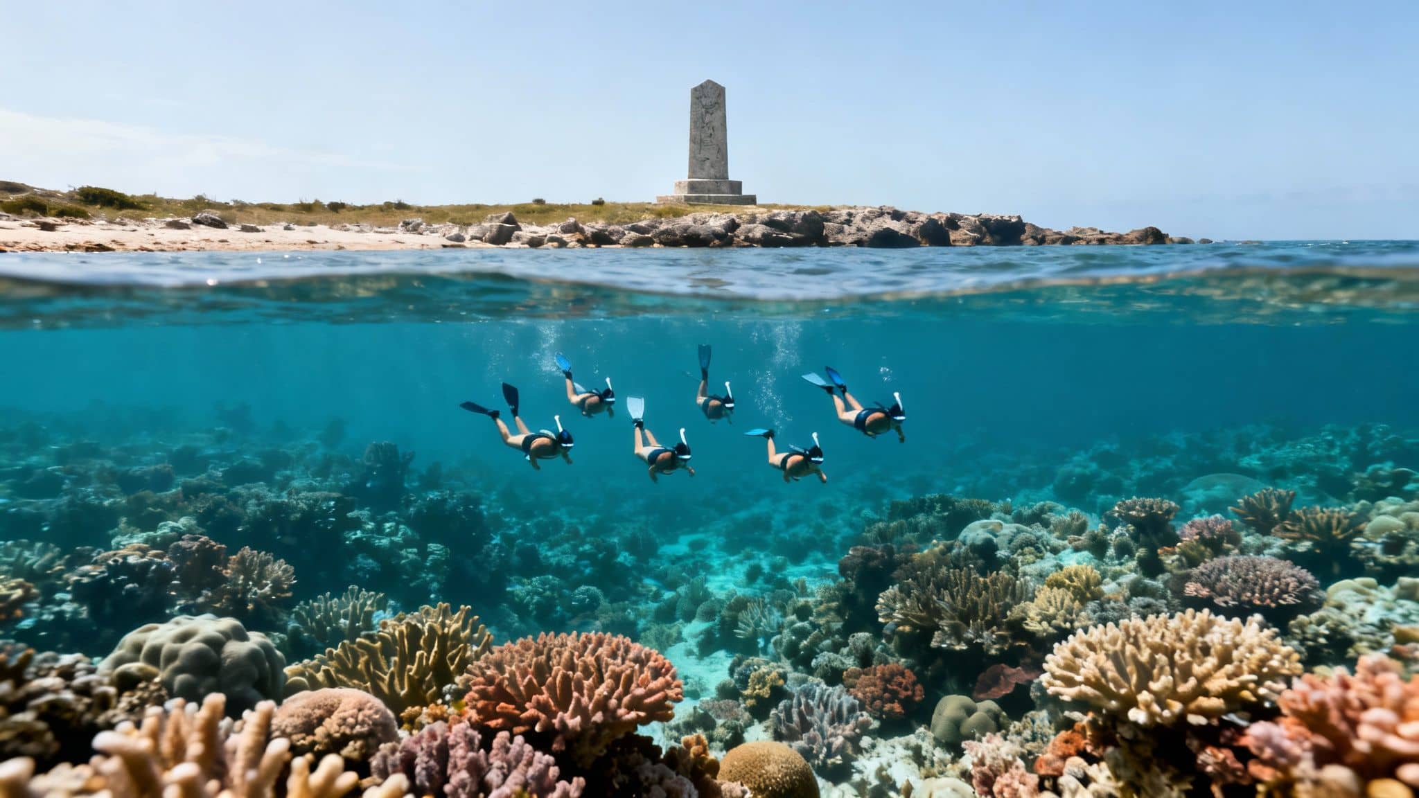 Six snorkelers explore a vibrant coral reef below the surface, with a monument on a tropical island above.