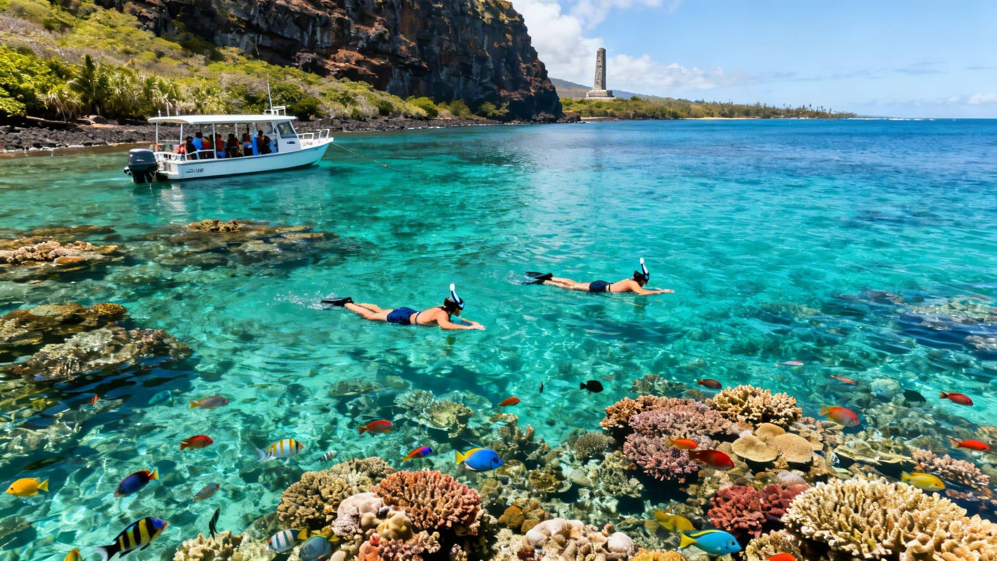 Snorkelers explore a beautiful coral reef in clear turquoise waters with a boat and coastal monument.