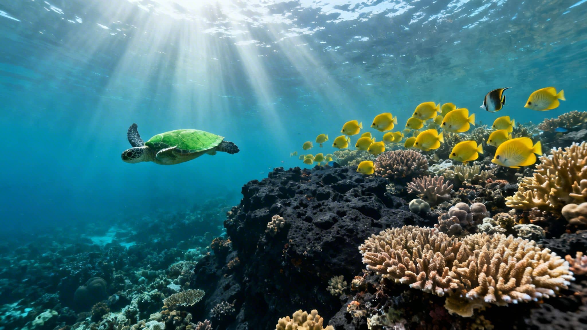 An underwater scene shows a green sea turtle, yellow fish, and colorful coral reefs under sun rays.