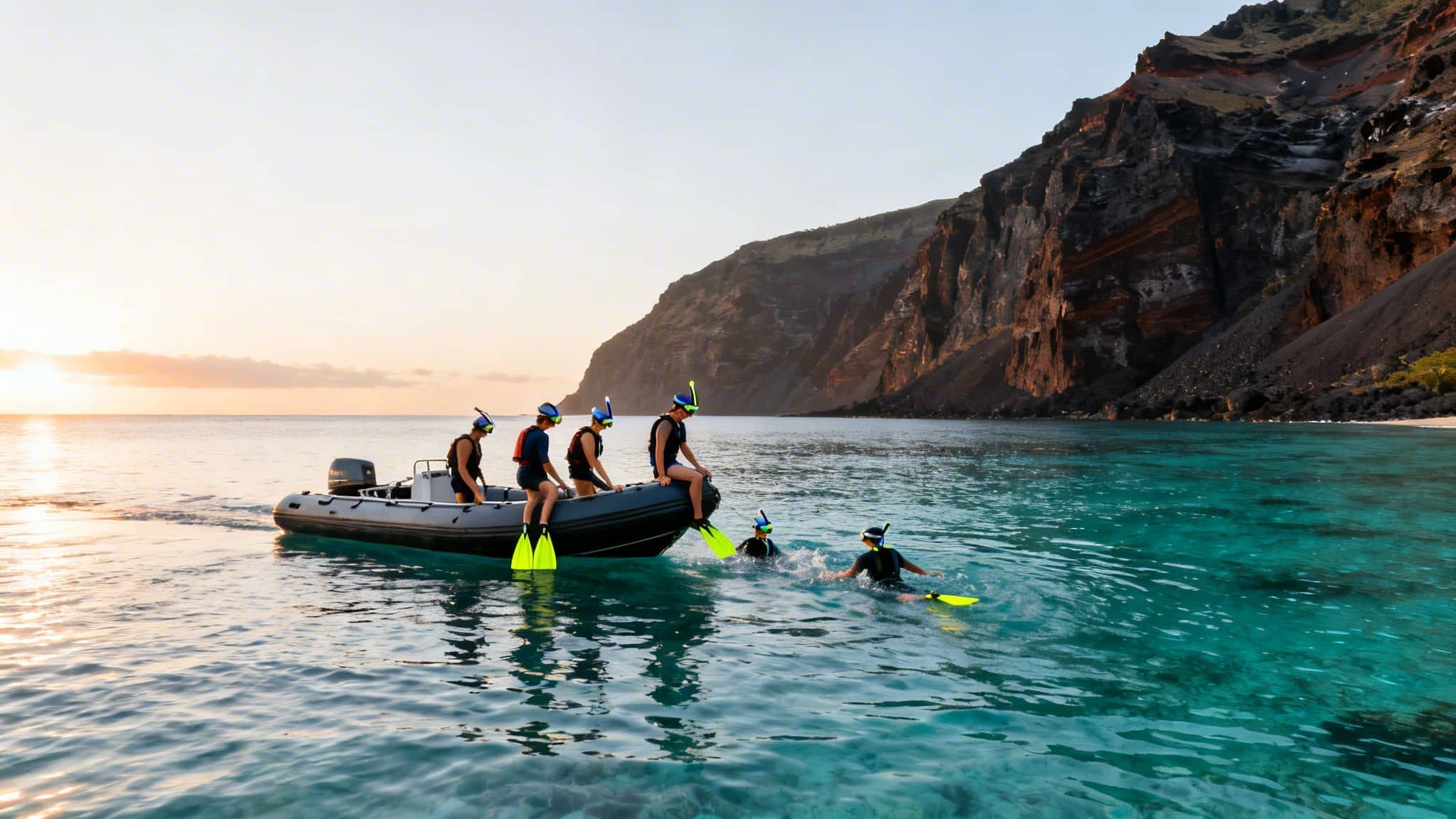 People with snorkeling gear on and around a boat in clear, turquoise water near a rocky coast at sunset.