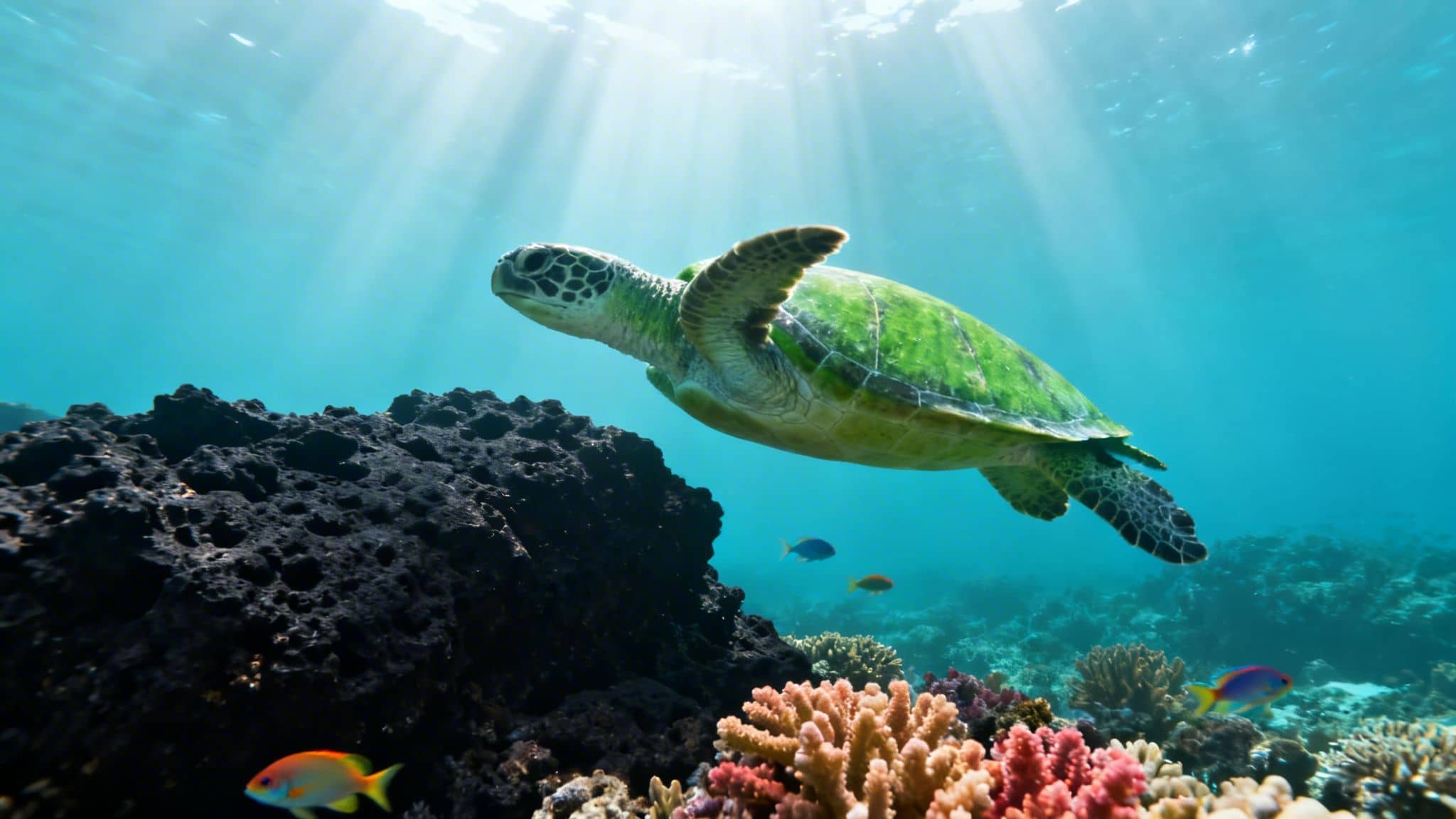 A vibrant green sea turtle swims gracefully through sunlit blue ocean water above a colorful coral reef and dark rock.