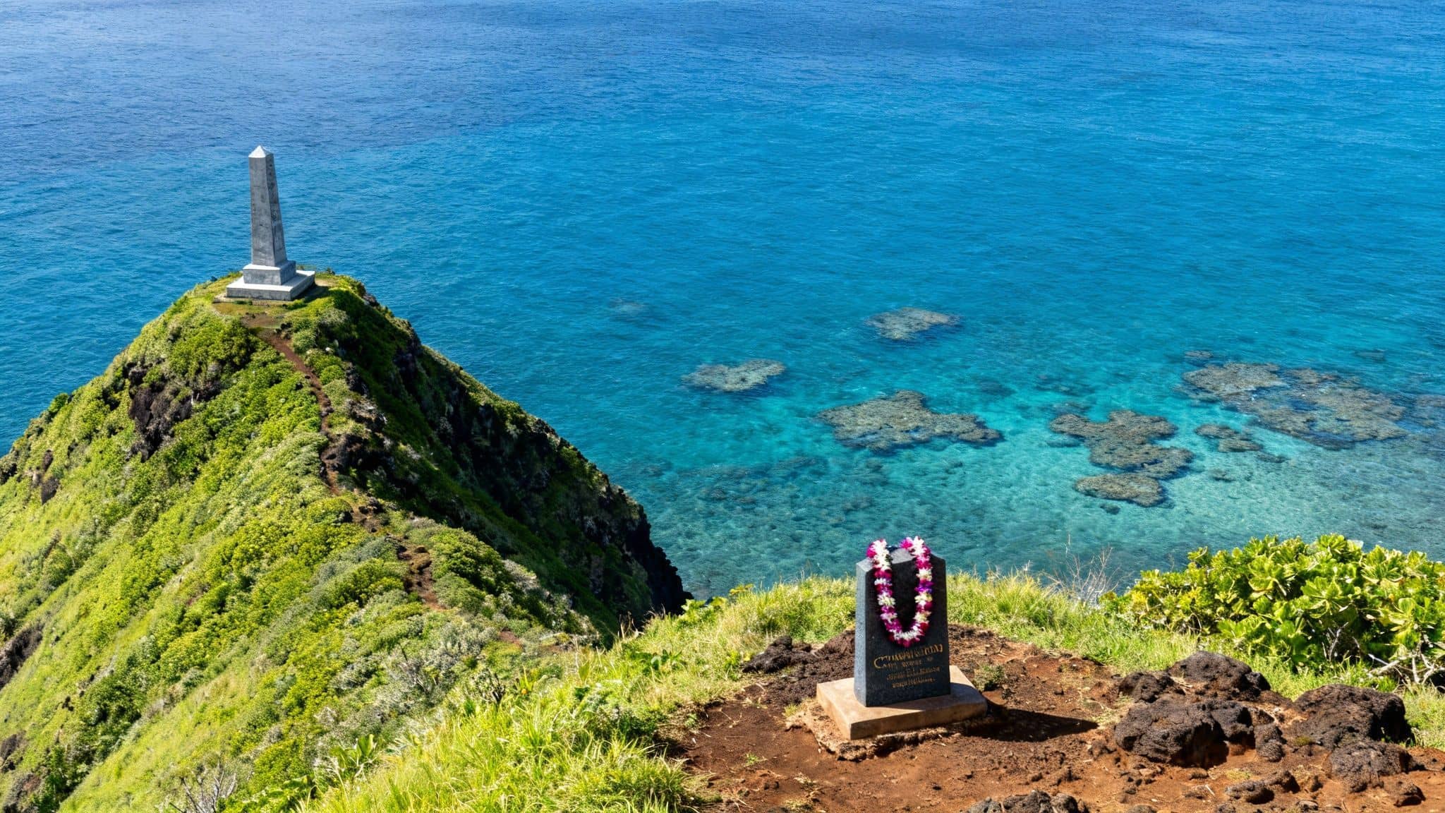 A tall monument on a lush green cliff overlooks vibrant blue ocean with visible coral reefs. A memorial with a lei is in the foreground.