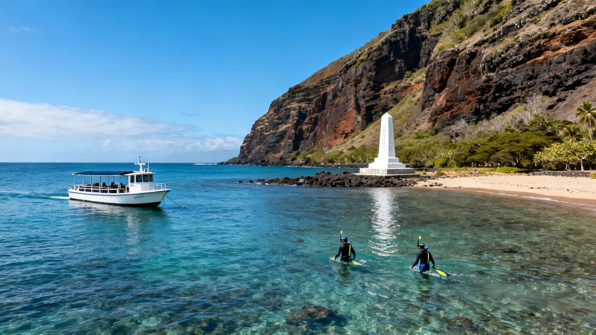 Snorkelers in clear water near a tour boat and Captain Cook Monument in sunny Kealakekua Bay.