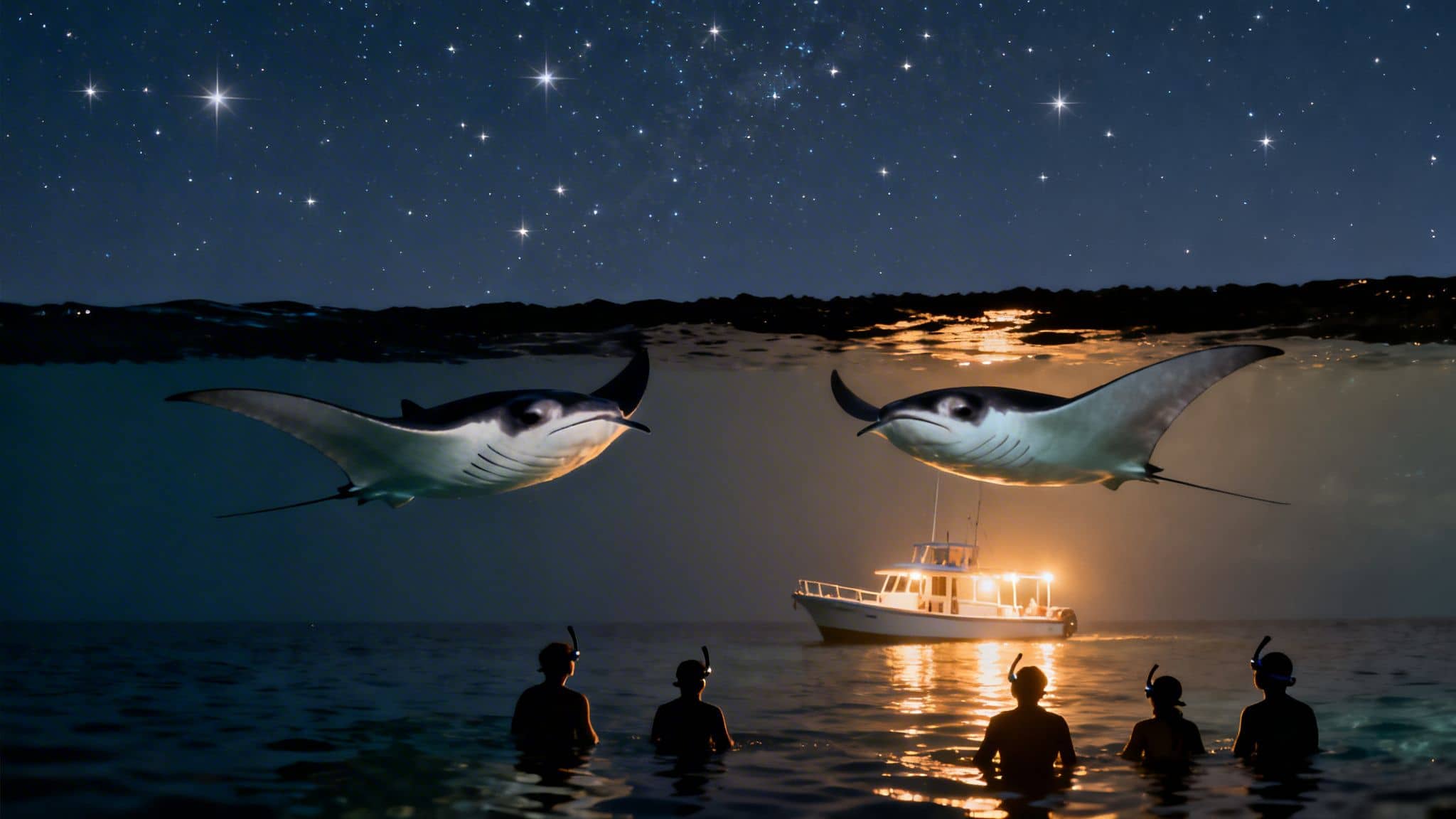 People snorkeling at night, observing two magnificent manta rays illuminated by a boat under a starry sky.