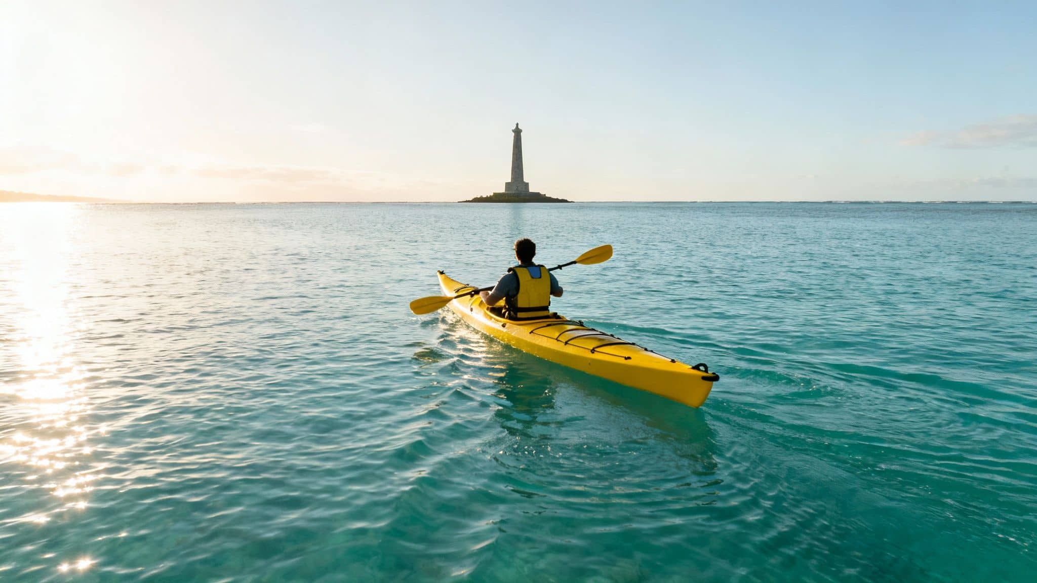 A person in a yellow kayak paddles towards a distant lighthouse at sunset.