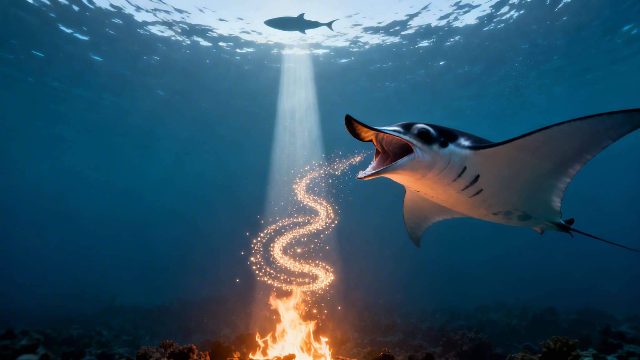 A majestic manta ray under the ocean, seemingly feeding on golden sparkling fire.