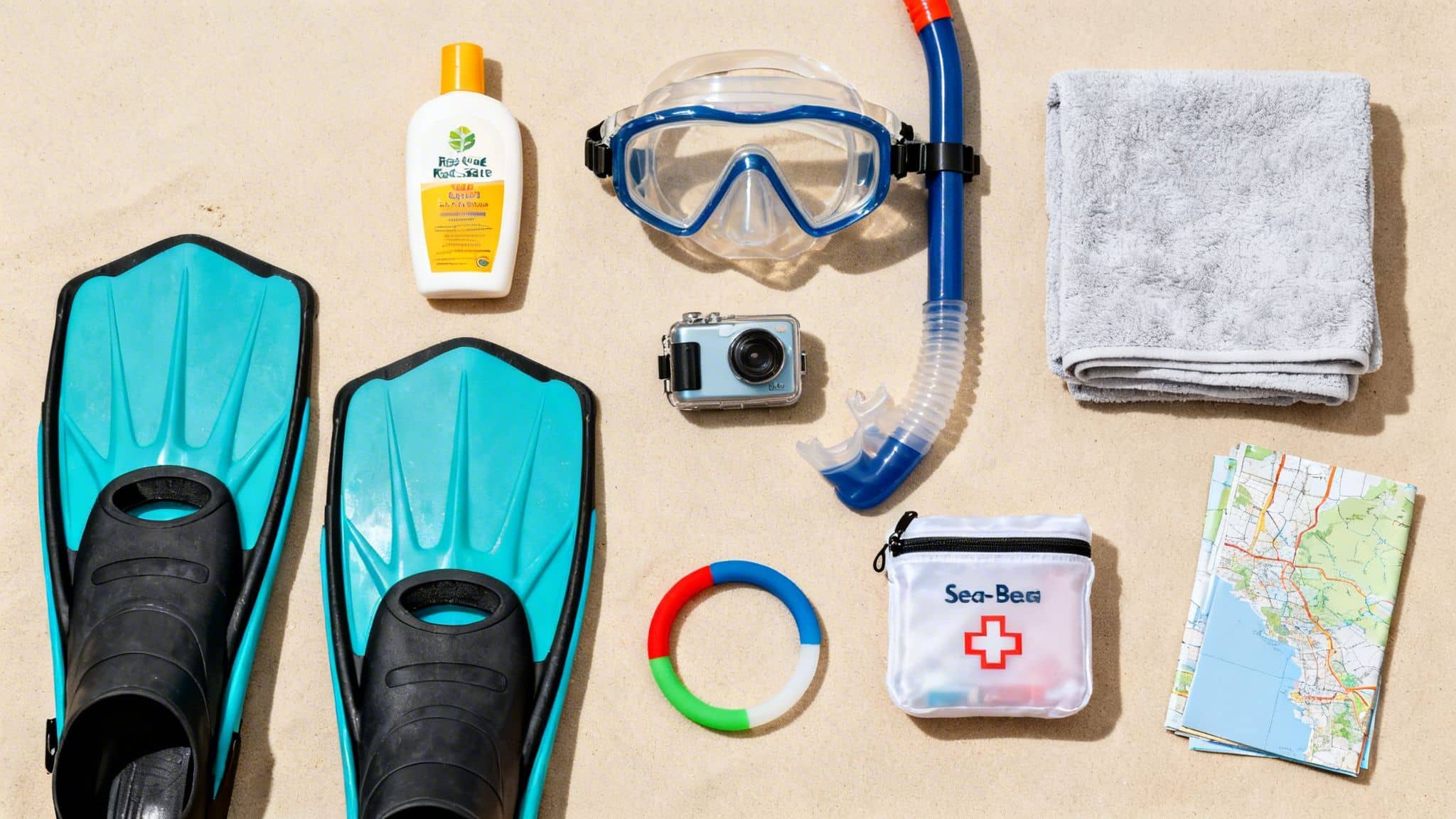 A flat lay of snorkeling gear, including fins, mask, camera, sunscreen, towel, and map on sand.