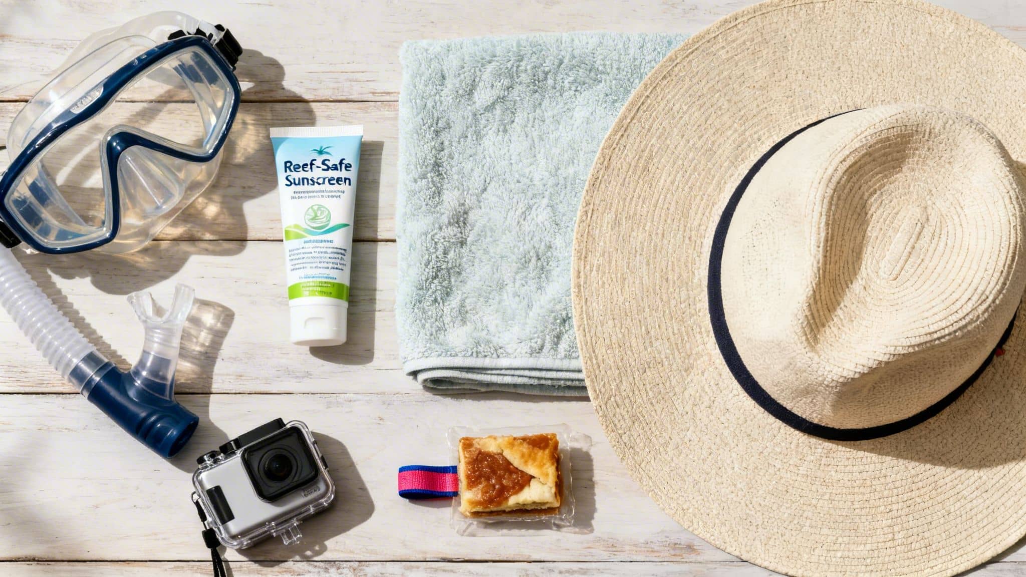 A flat lay of beach and snorkeling essentials including a mask, snorkel, sunscreen, towel, hat, and camera.