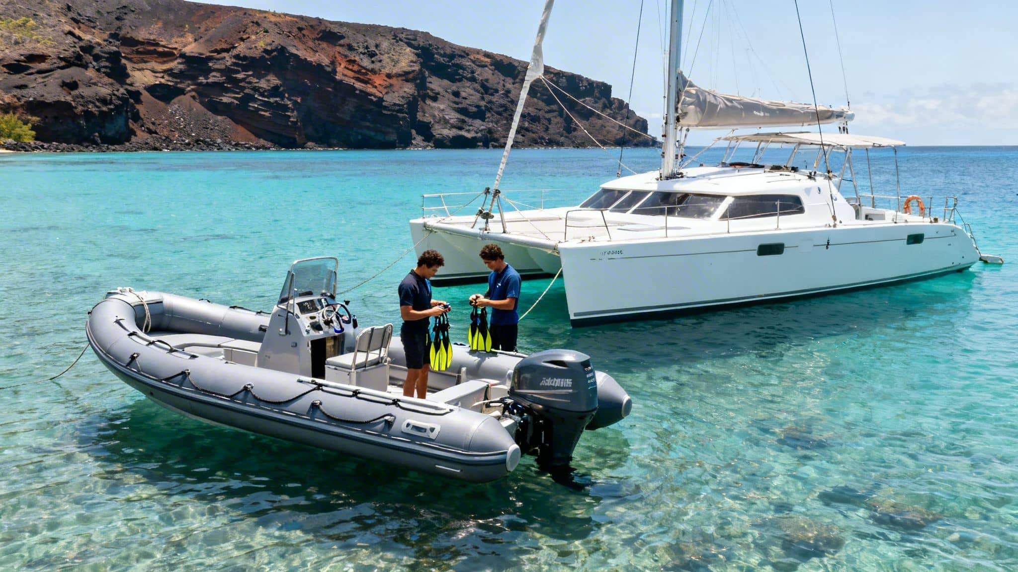 Two men on a boat getting ready for snorkeling with fins and masks in beautiful clear ocean water.
